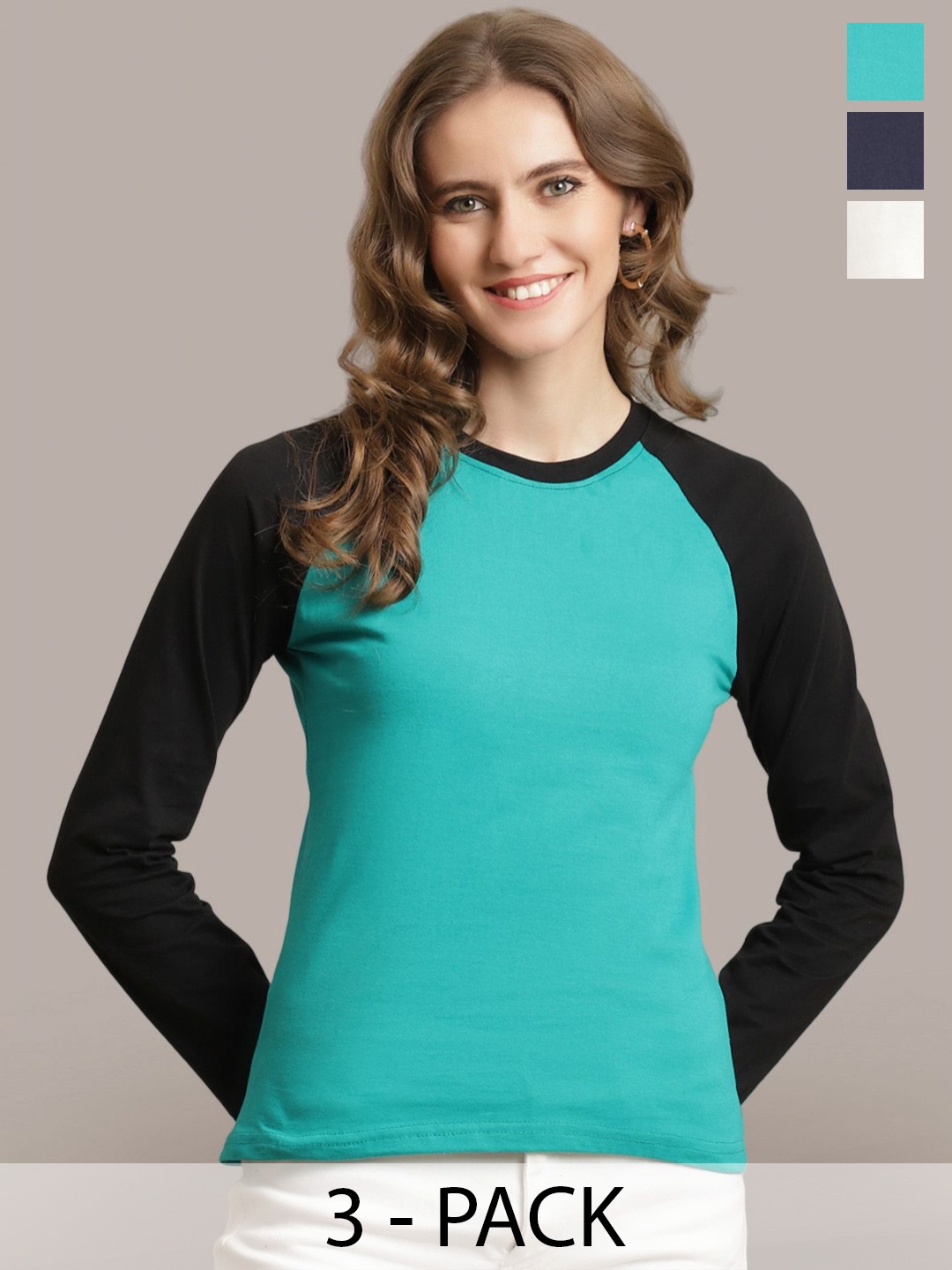

Metronaut Women Pack Of 3 Colourblocked Round Neck Cotton T-shirts, Navy blue