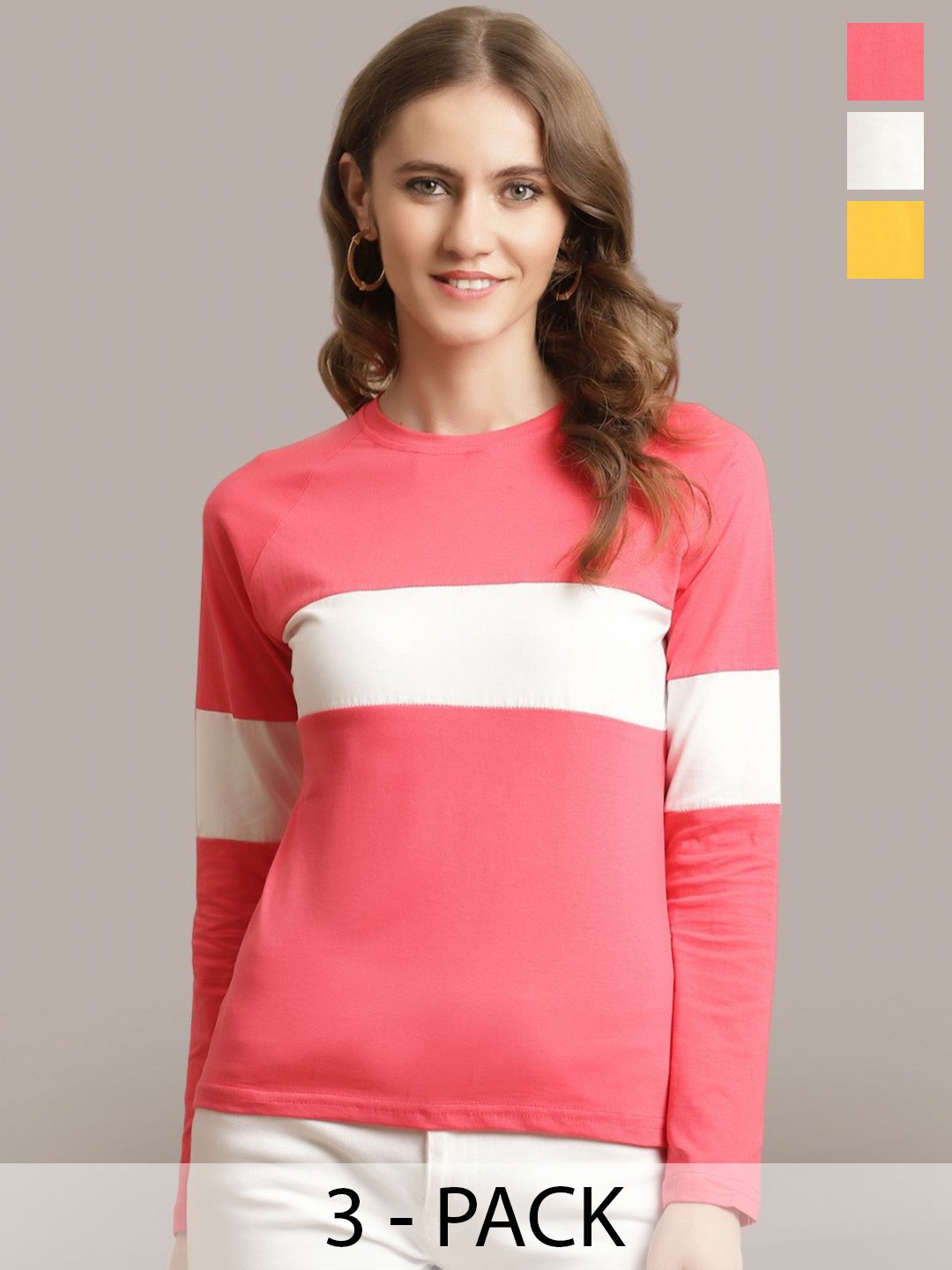 

Metronaut Women Pack Of 3 Colourblocked Round Neck Cotton T-shirts, Yellow