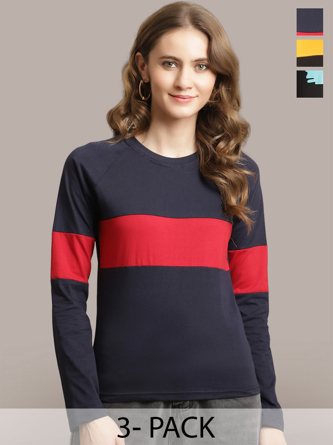 

Metronaut Women Pack Of 3 Striped Round Neck Cotton T-shirts, Navy blue