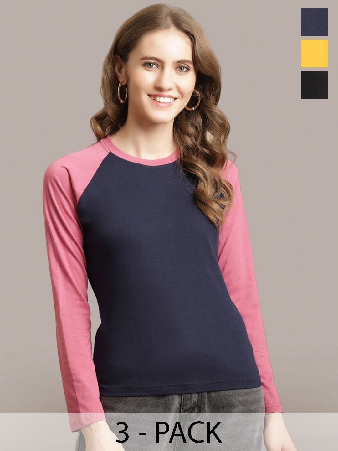 

Metronaut Women Pack Of 3 Colourblocked Round Neck Cotton T-shirts, Navy blue