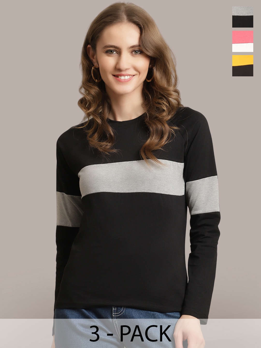 

Metronaut Women Pack Of 3 Striped Round Neck Cotton T-shirts, Black