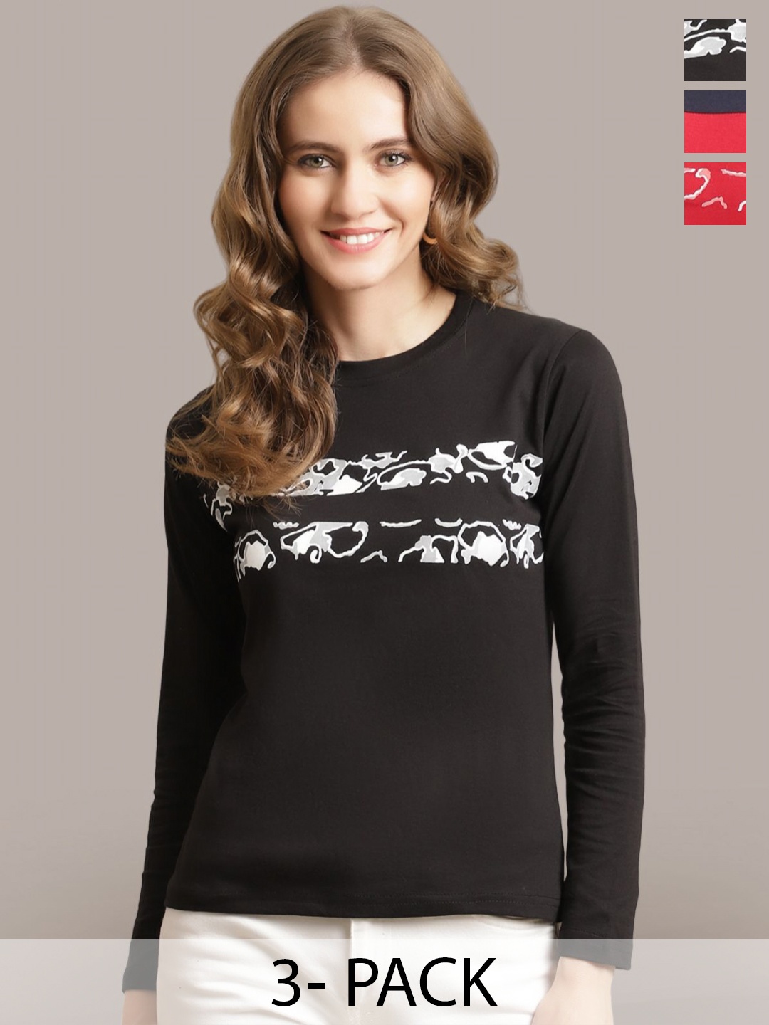 

Metronaut Women Pack Of 3 Printed Round Neck Cotton T-shirts, Black
