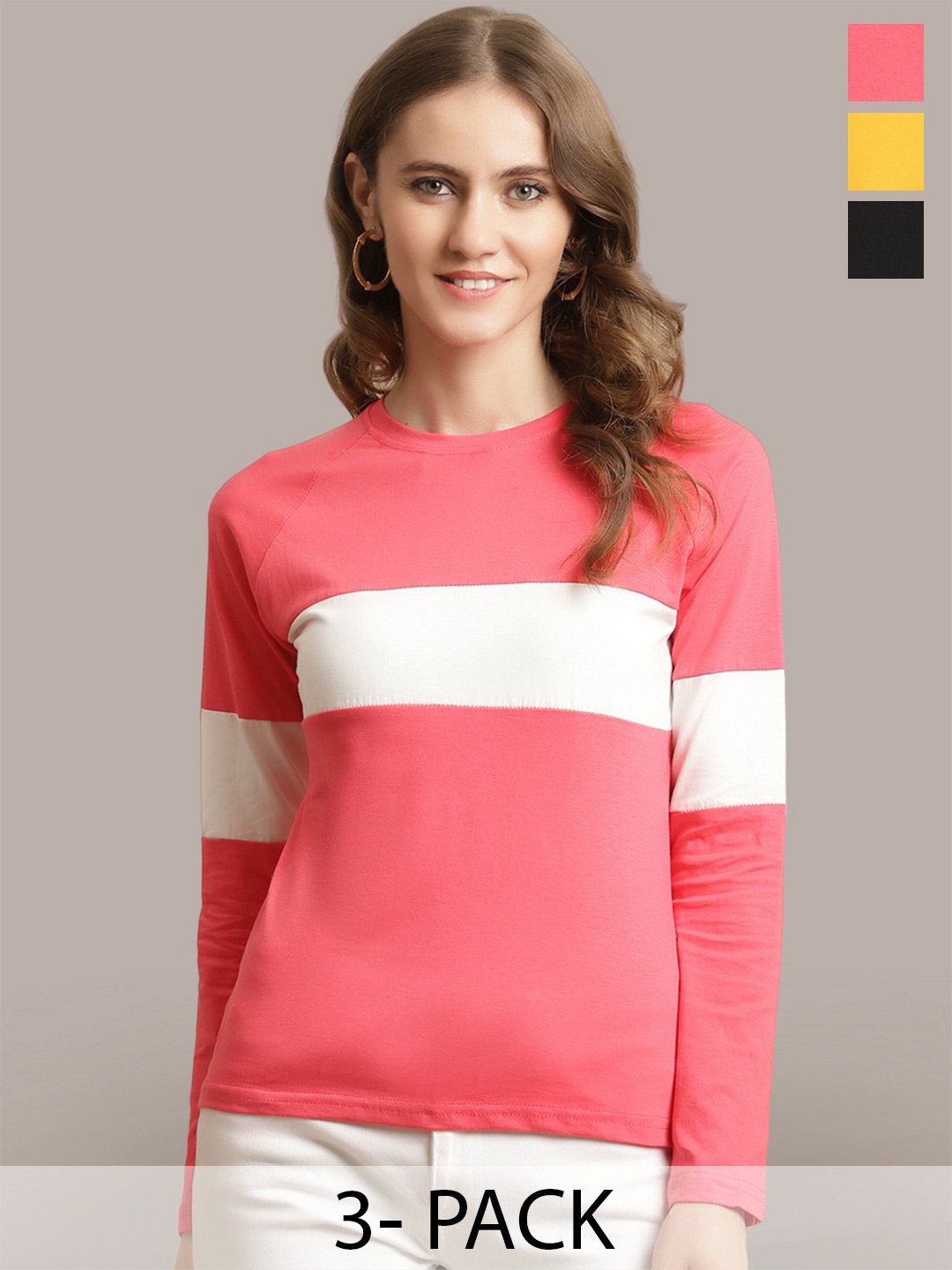 

Metronaut Women Pack Of 3 Striped Round Neck Cotton T-shirts, Pink