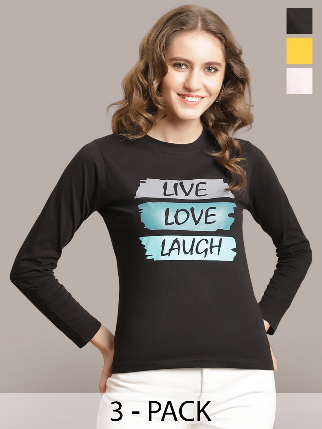 

Metronaut Women Pack Of 3 Printed Round Neck Cotton T-shirts, Black