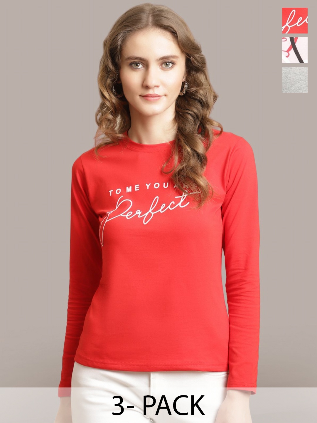 

Metronaut Women Pack Of 3 Typography Printed Round Neck Cotton T-shirts, Red