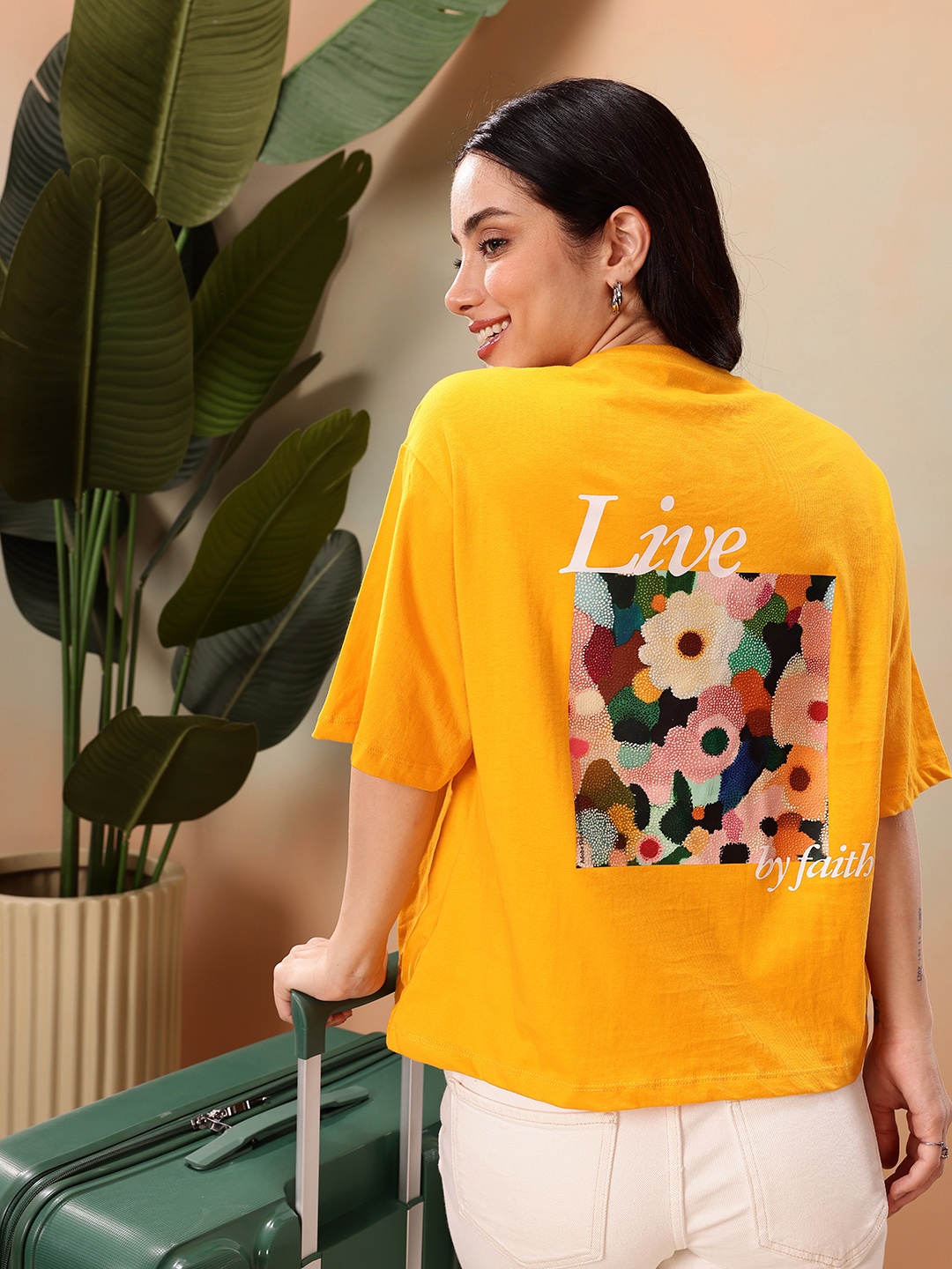 

Mast & Harbour Floral Printed Drop-Shoulder Sleeves Pure Cotton Relaxed Fit T-shirt, Mustard