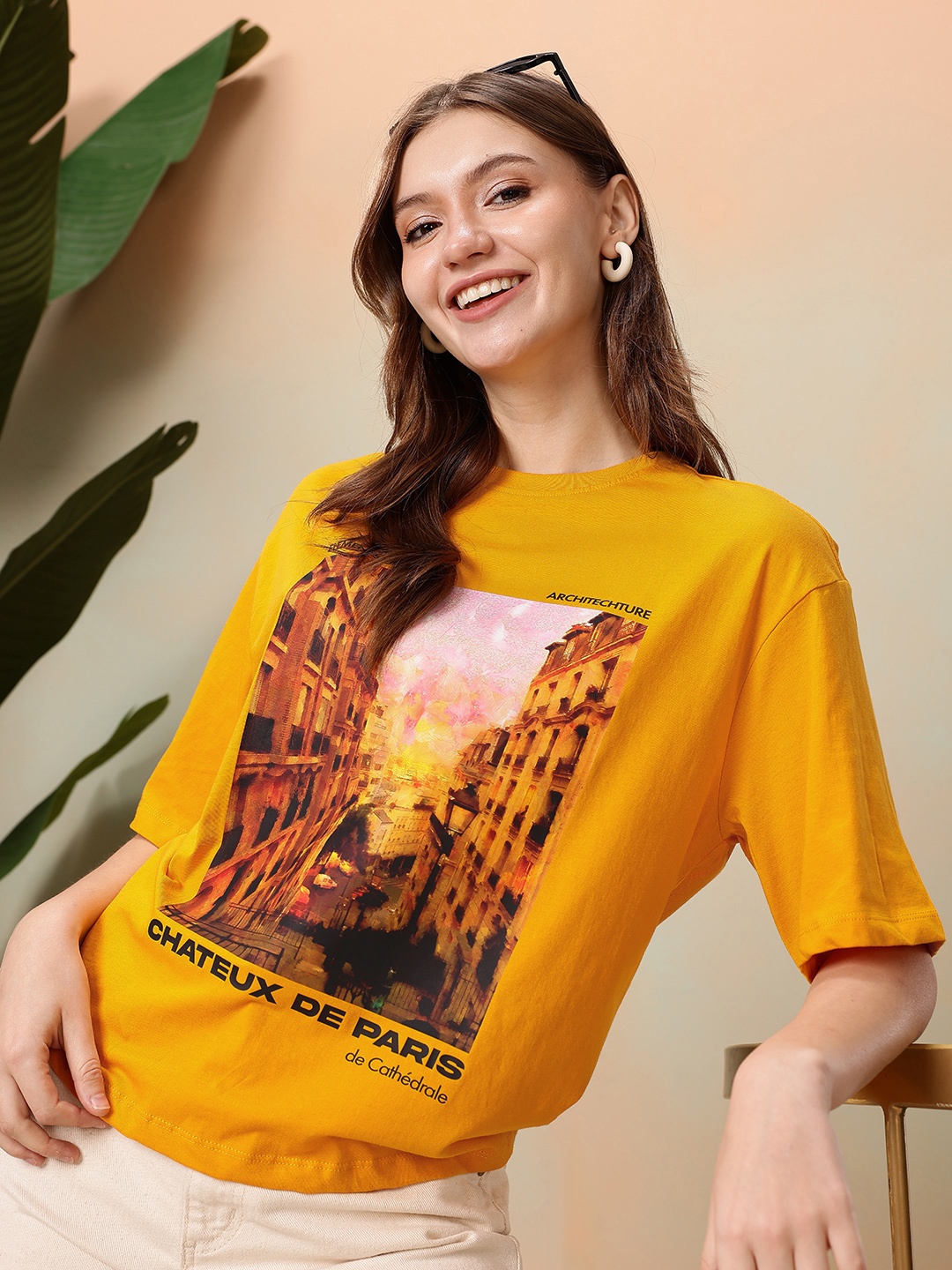 

Mast & Harbour Oversized Fit Graphic Printed Pure Cotton T-shirt, Yellow