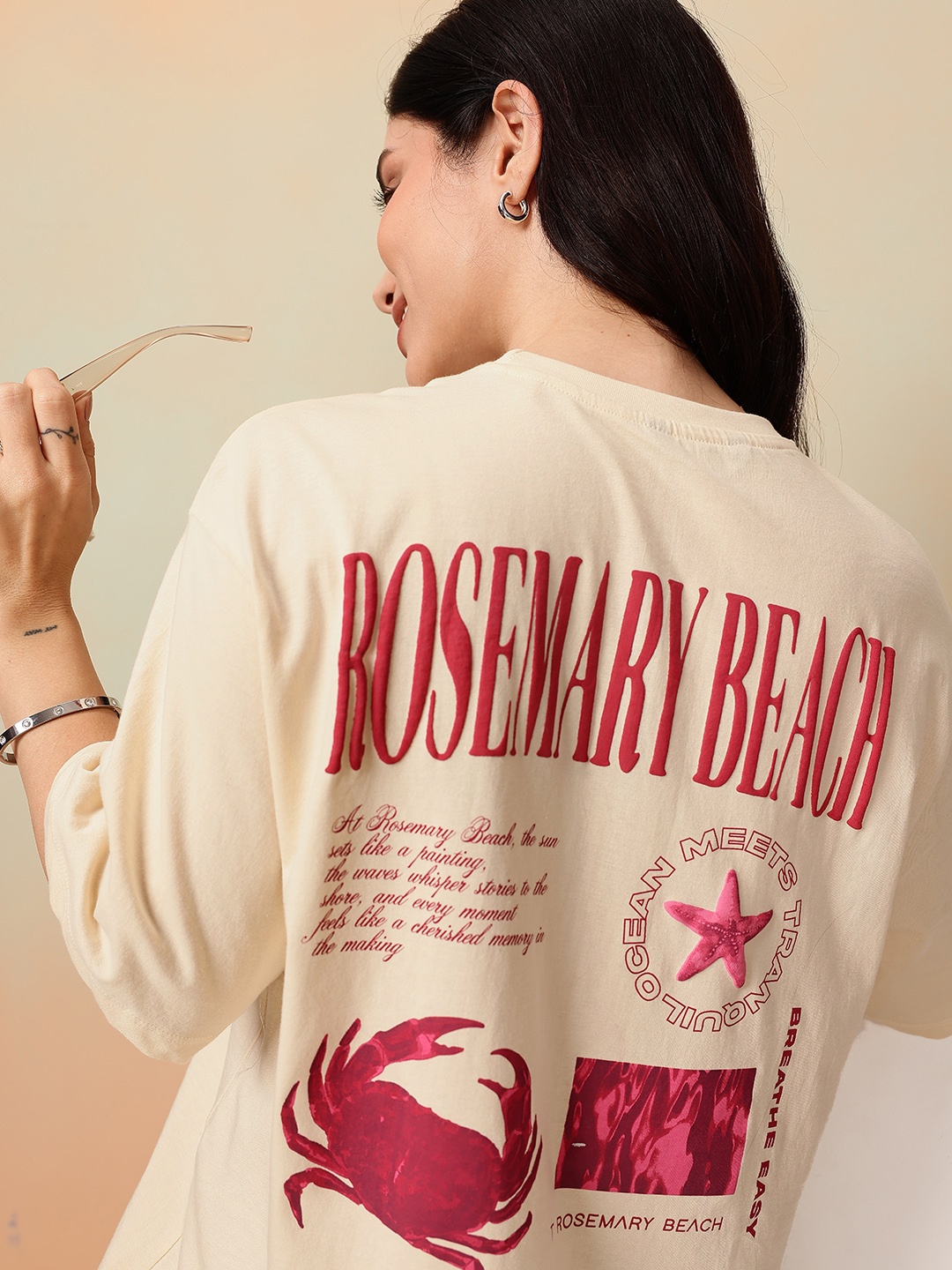

Mast & Harbour Typography Printed Drop-Shoulder Sleeves Pure Cotton T-shirt, Beige
