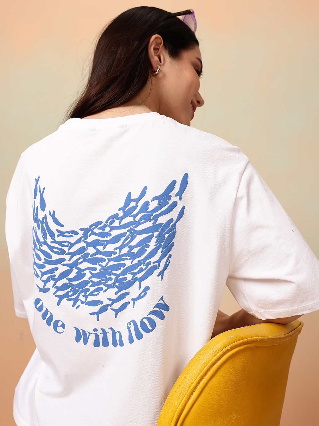 

Mast & Harbour Graphic Printed Drop-Shoulder Sleeves Pure Cotton T-shirt, White