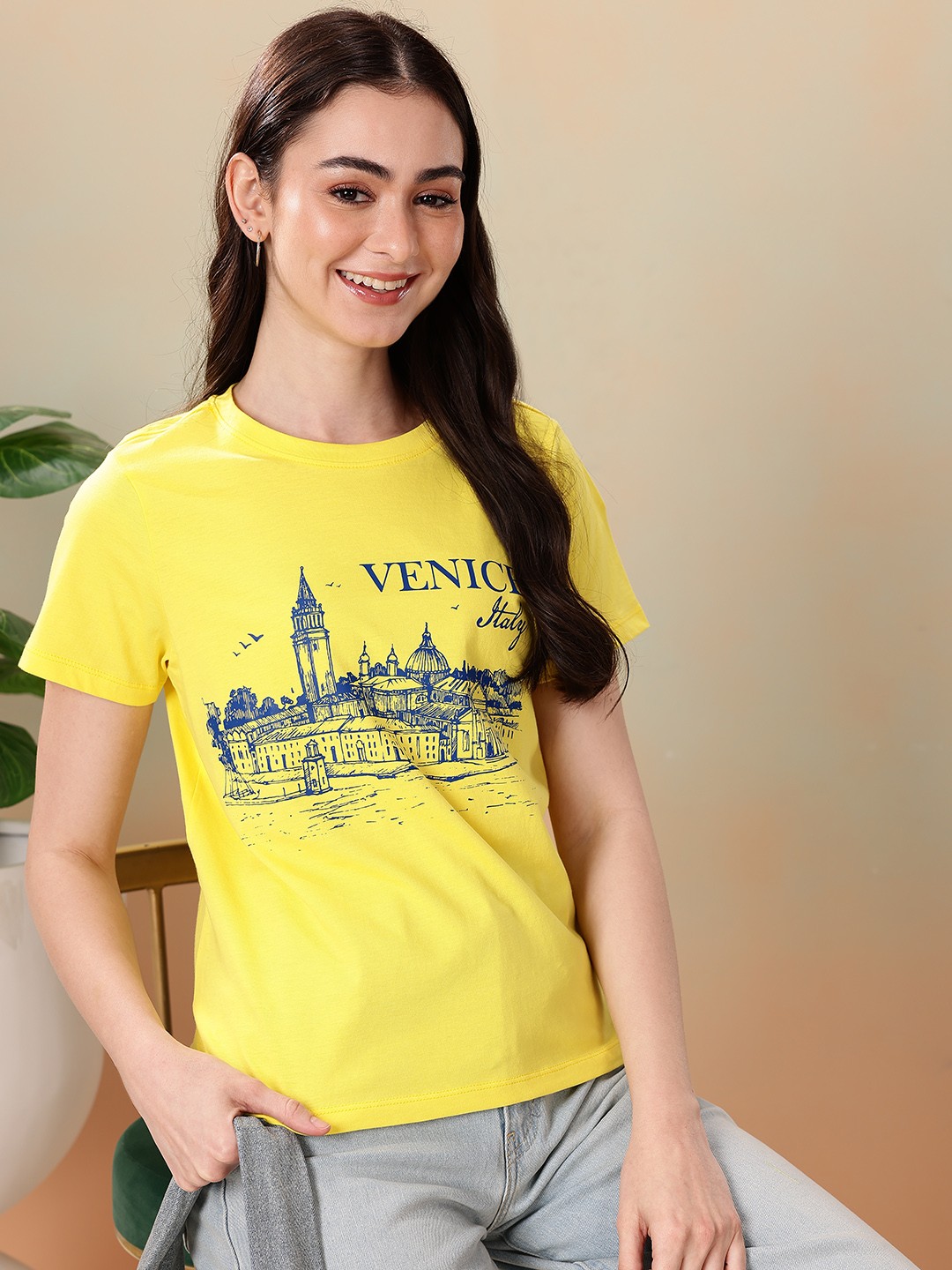

Mast & Harbour Graphic Printed Pure Cotton T-shirt, Yellow