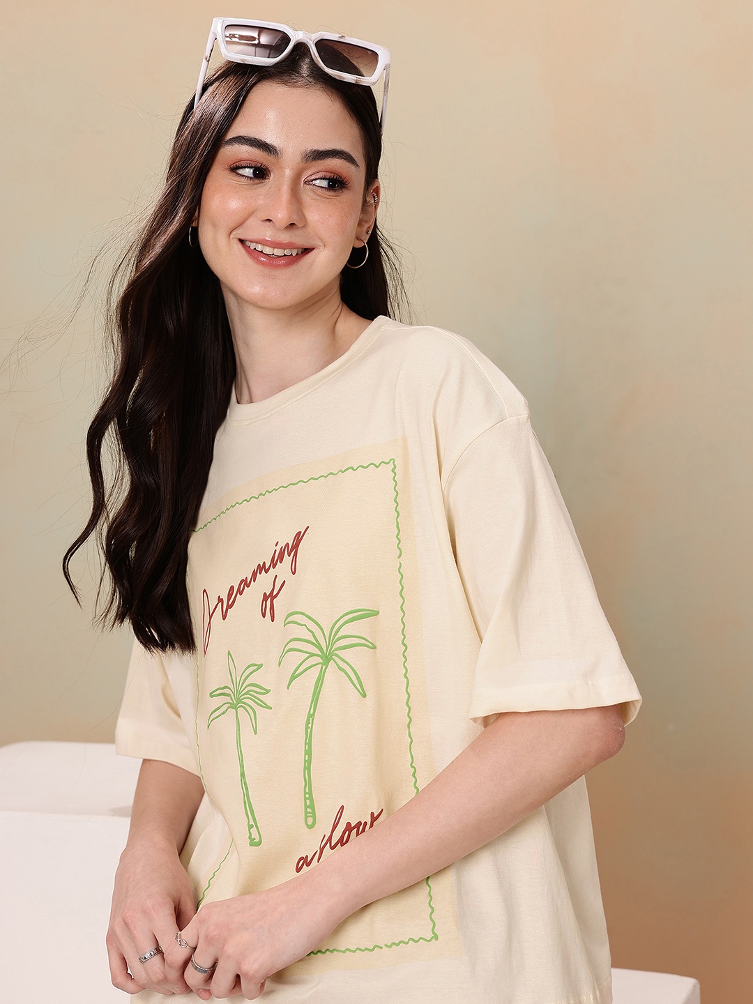 

Mast & Harbour Tropical Printed Drop-Shoulder Sleeves Pure Cotton T-shirt, Beige