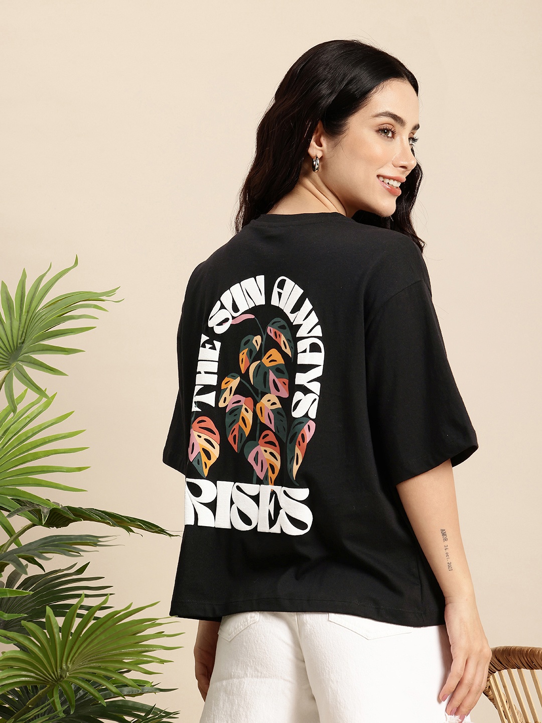 

Mast & Harbour Pure Cotton Typography Printed Drop-Shoulder Sleeves Relaxed Fit T-shirt, Black