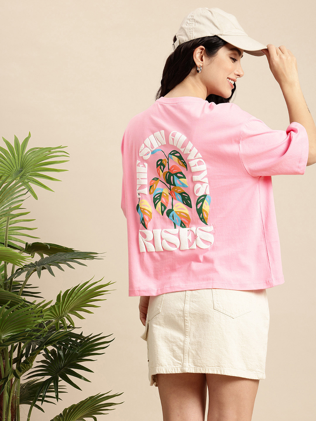 

Mast & Harbour Pure Cotton Typography Printed Drop-Shoulder Sleeves Relaxed Fit T-shirt, Pink