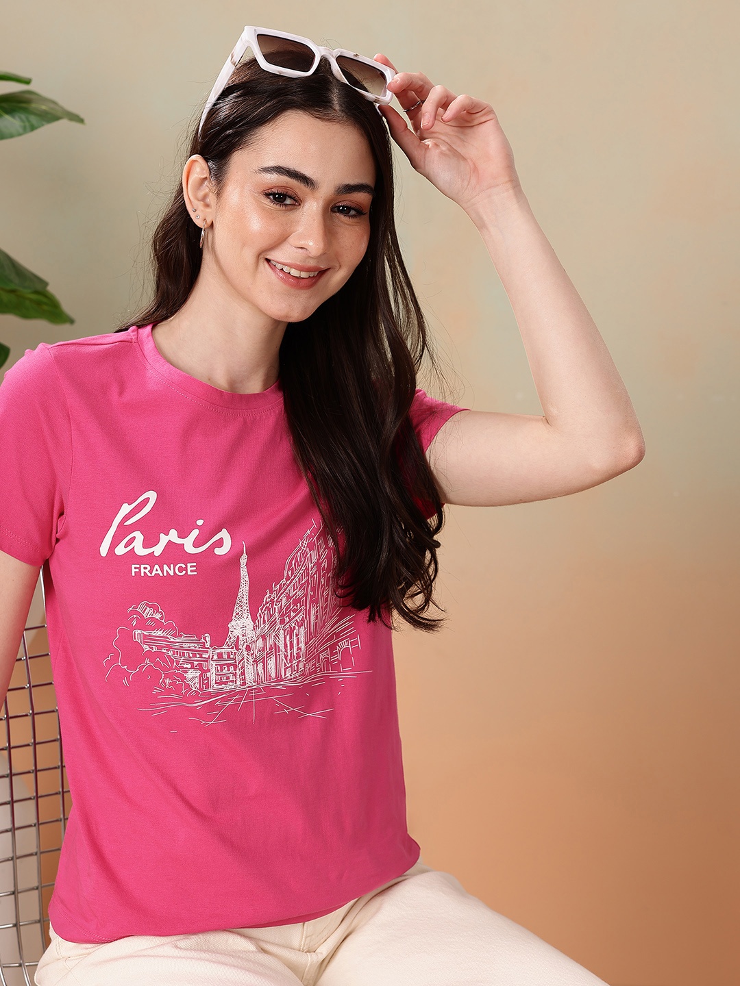 

Mast & Harbour Graphic Printed Pure Cotton T-shirt, Pink