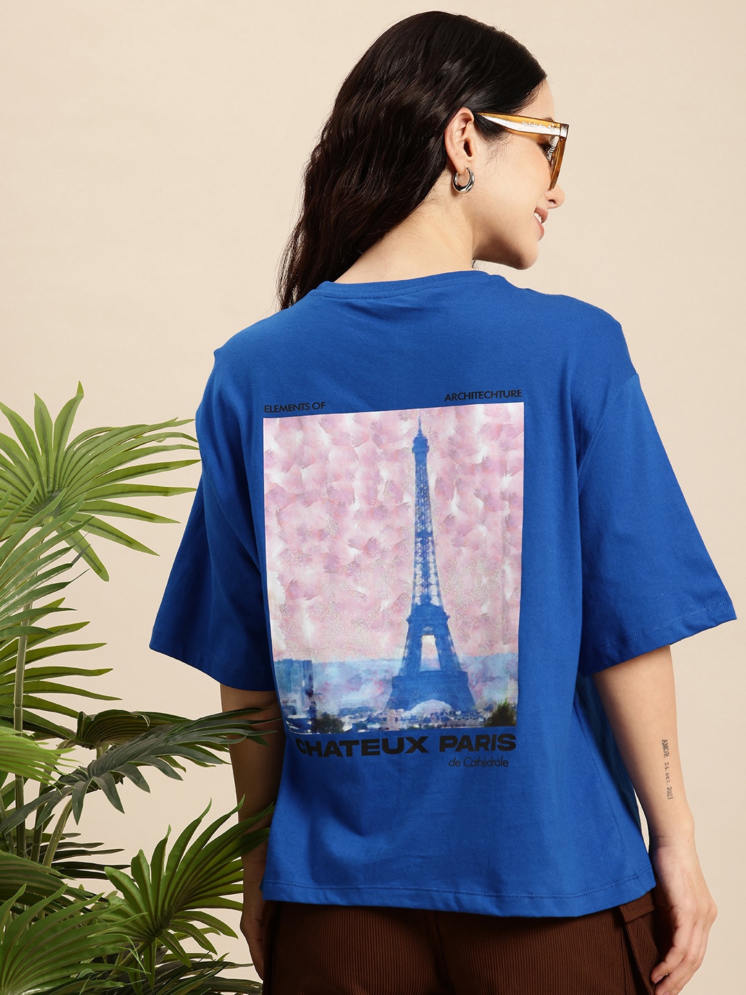 

Mast & Harbour Pure Cotton Graphic Printed Drop-Shoulder Sleeves Relaxed Fit T-shirt, Blue