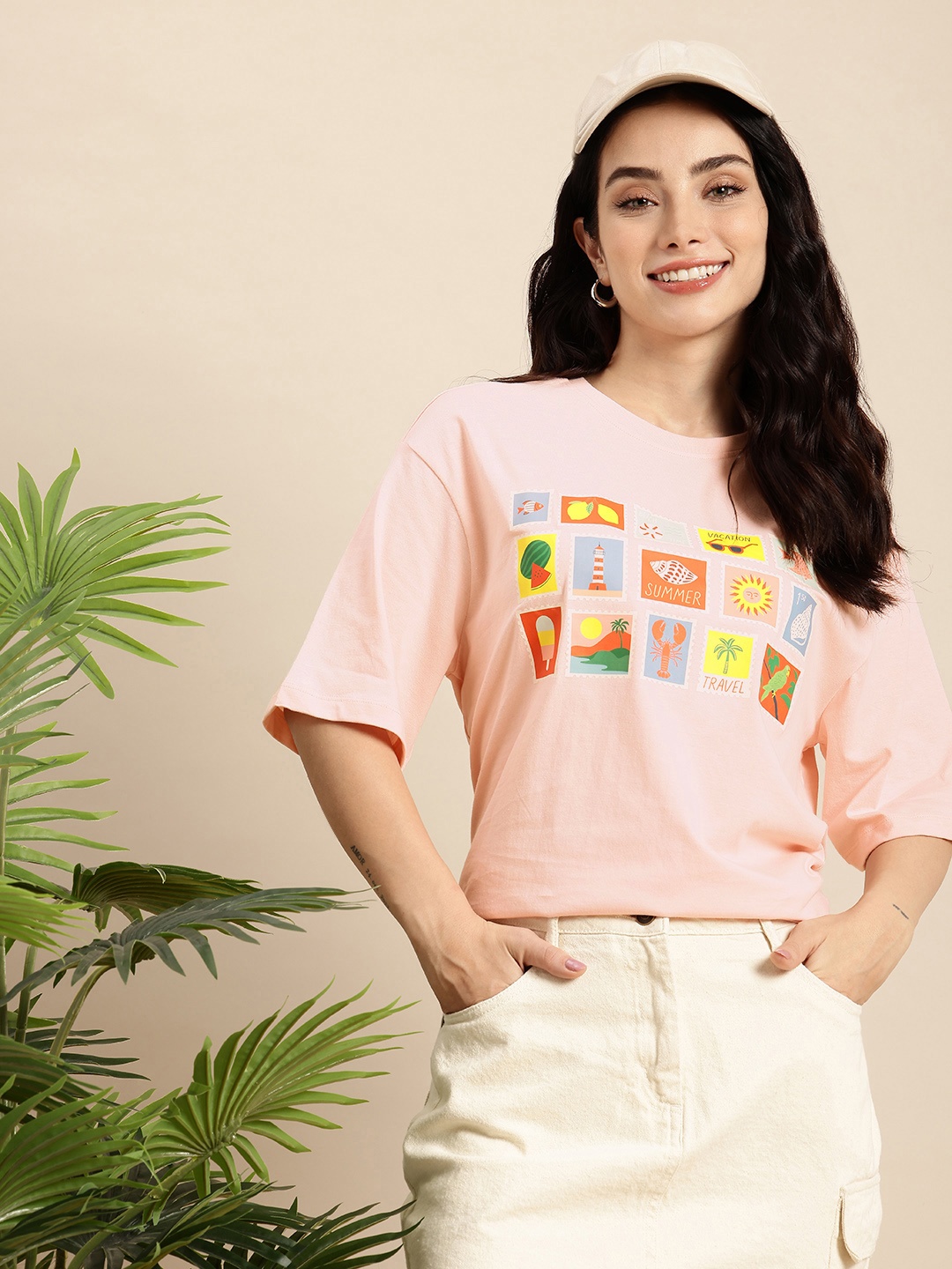 

Mast & Harbour Graphic Printed Drop-Shoulder Sleeves Pure Cotton Relaxed Fit T-shirt, Pink