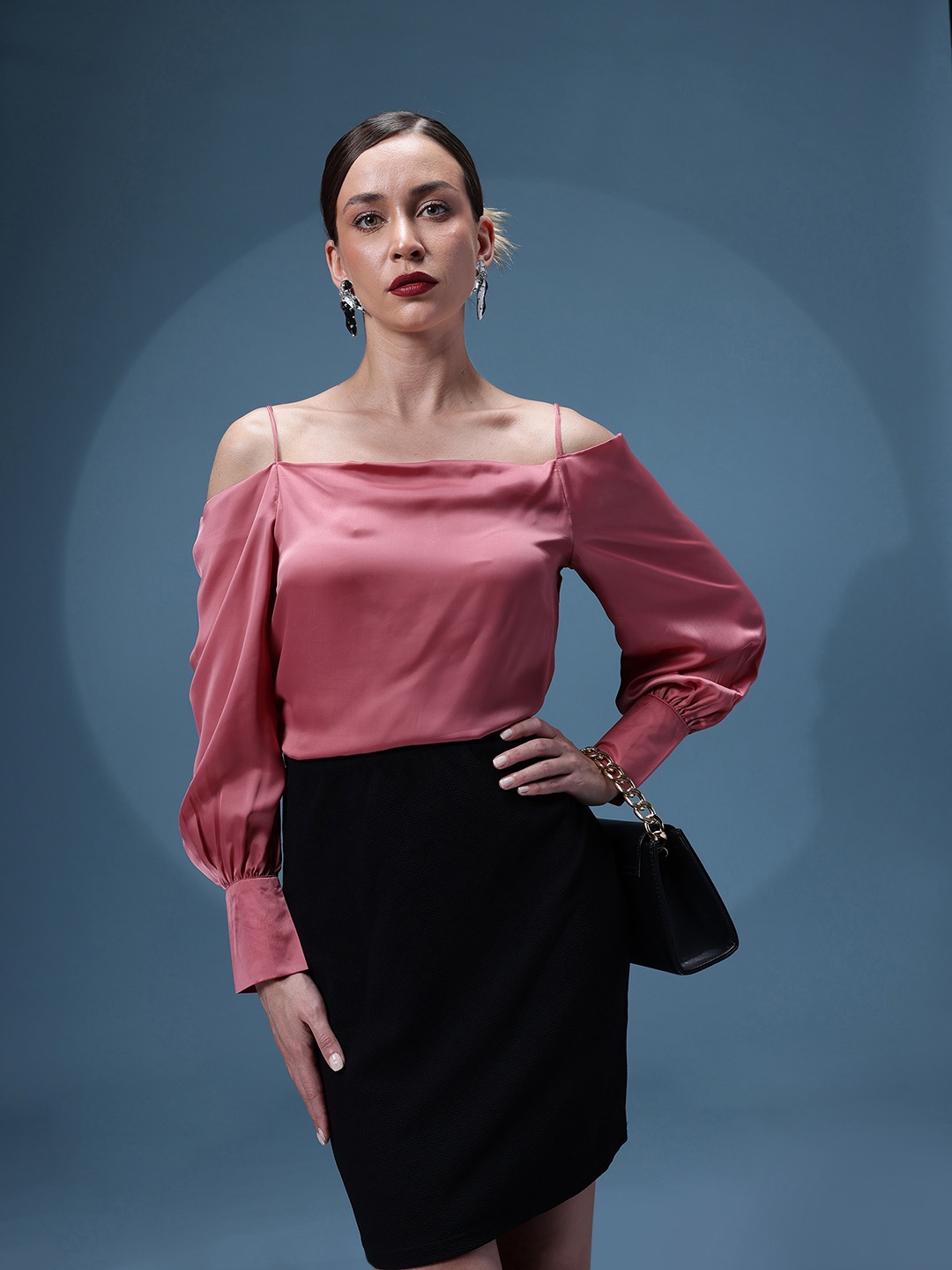 

bebe Future Glam Satin Finish Bardot Top, Pink