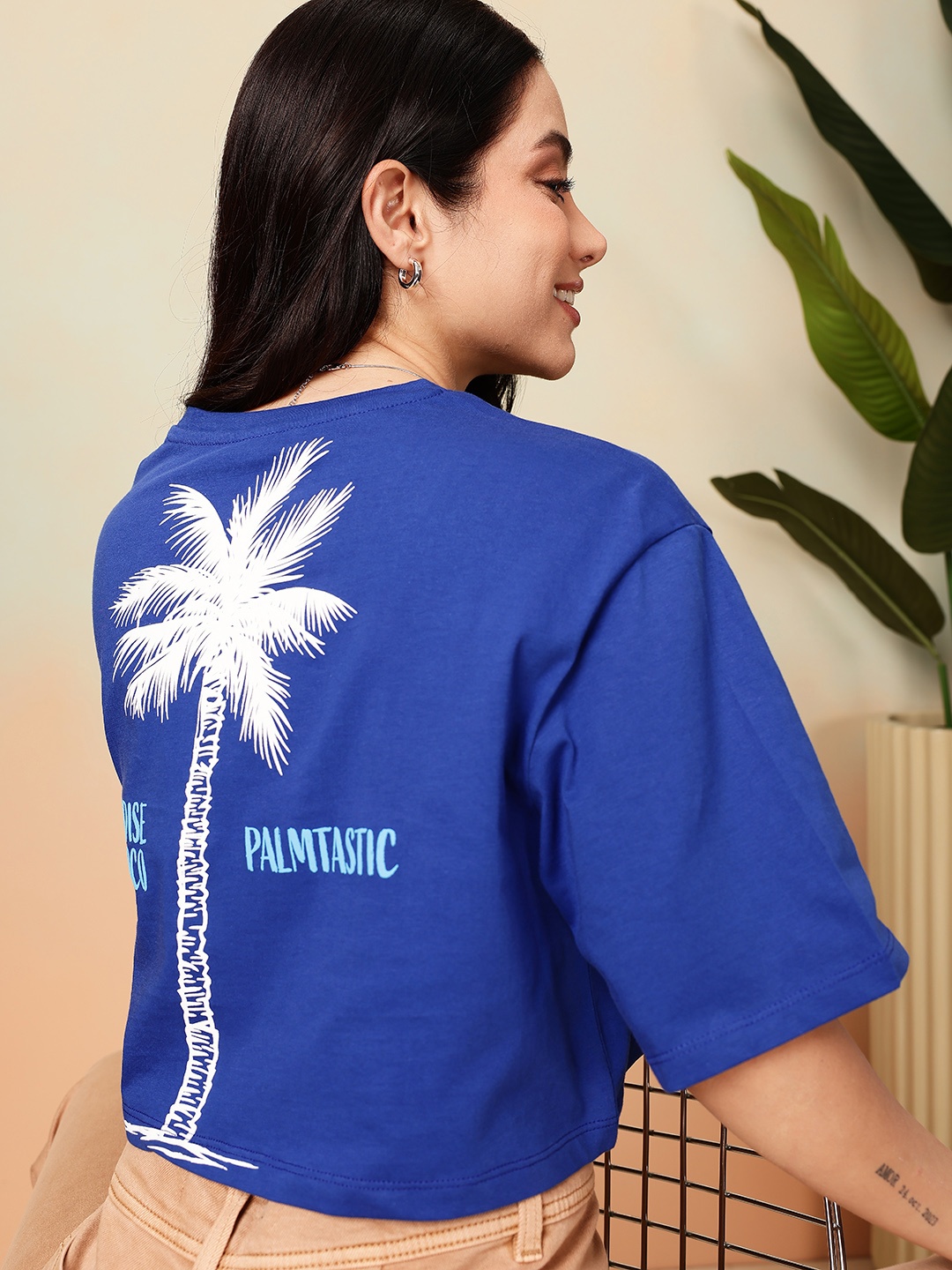 

Mast & Harbour Graphic Printed Drop-Shoulder Sleeves Pure Cotton Boxy T-shirt, Blue