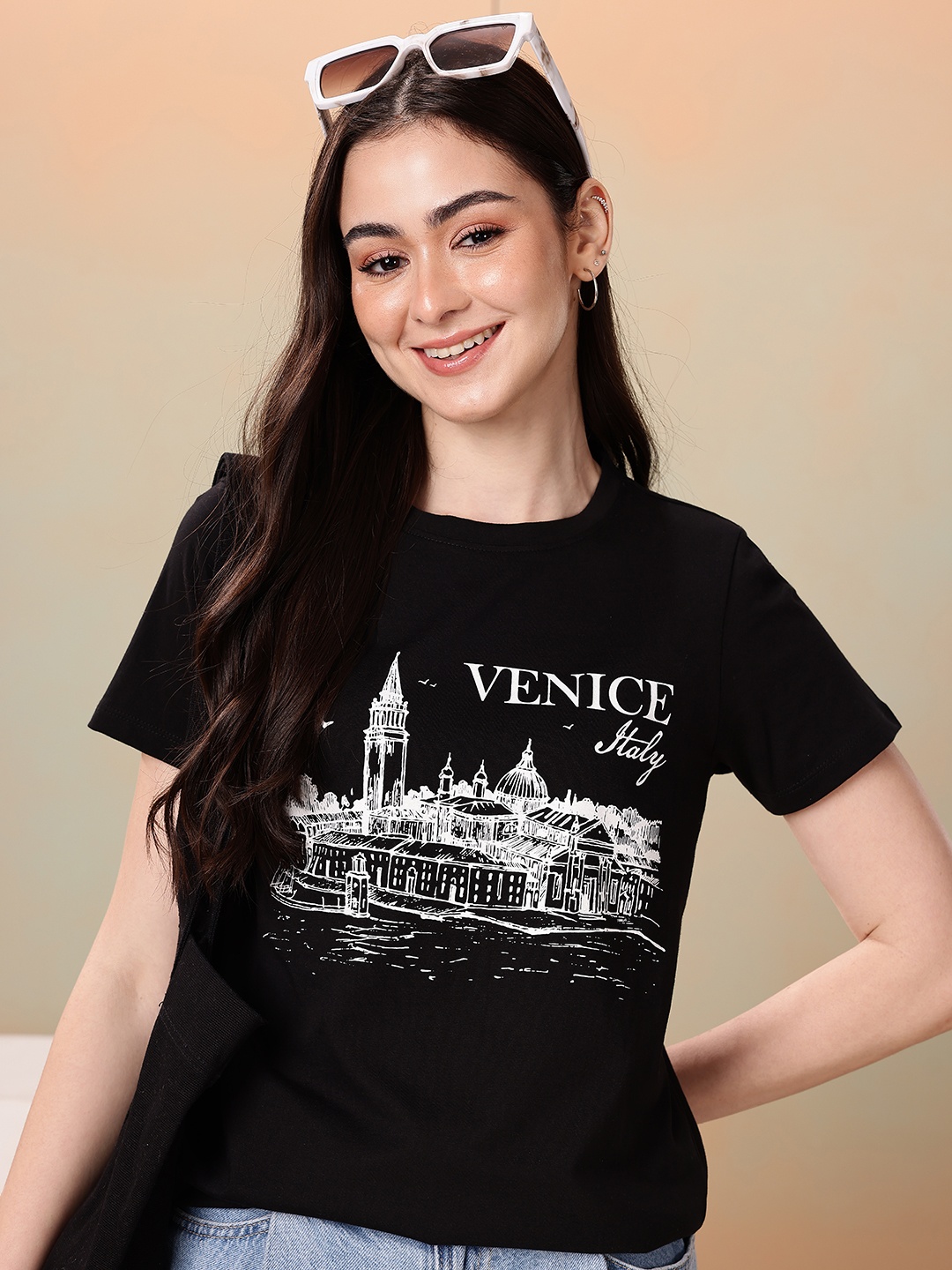 

Mast & Harbour Graphic Printed Pure Cotton T-shirt, Black