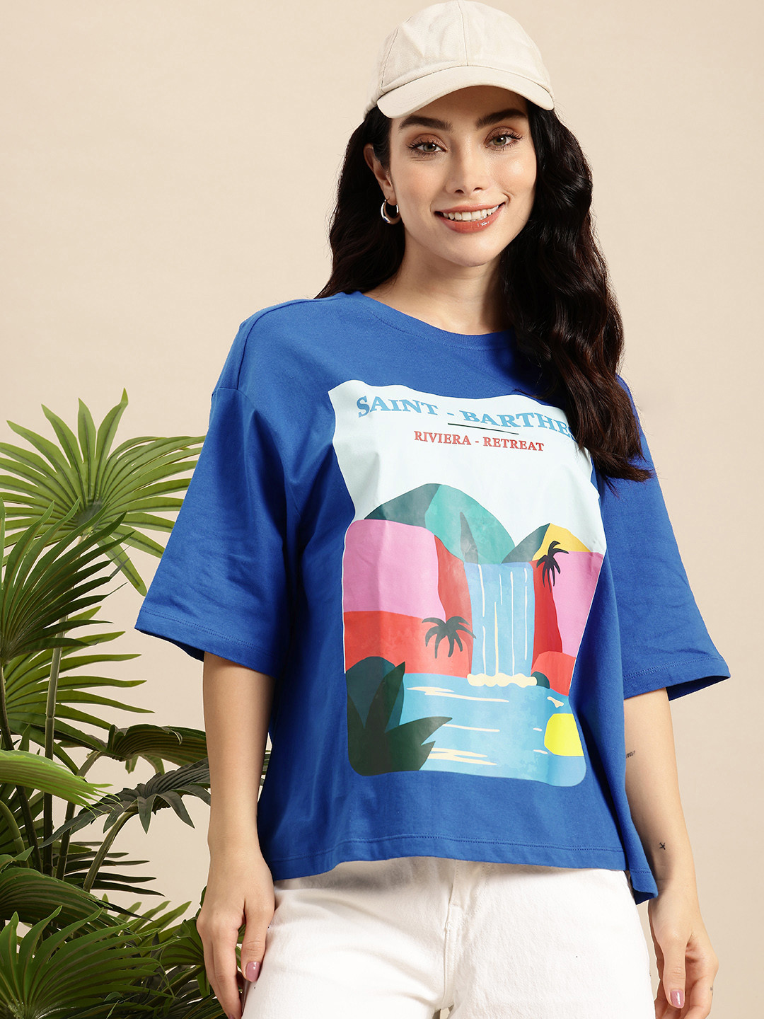 

Mast & Harbour Pure Cotton Graphic Printed Drop-Shoulder Sleeves Relaxed Fit T-shirt, Blue