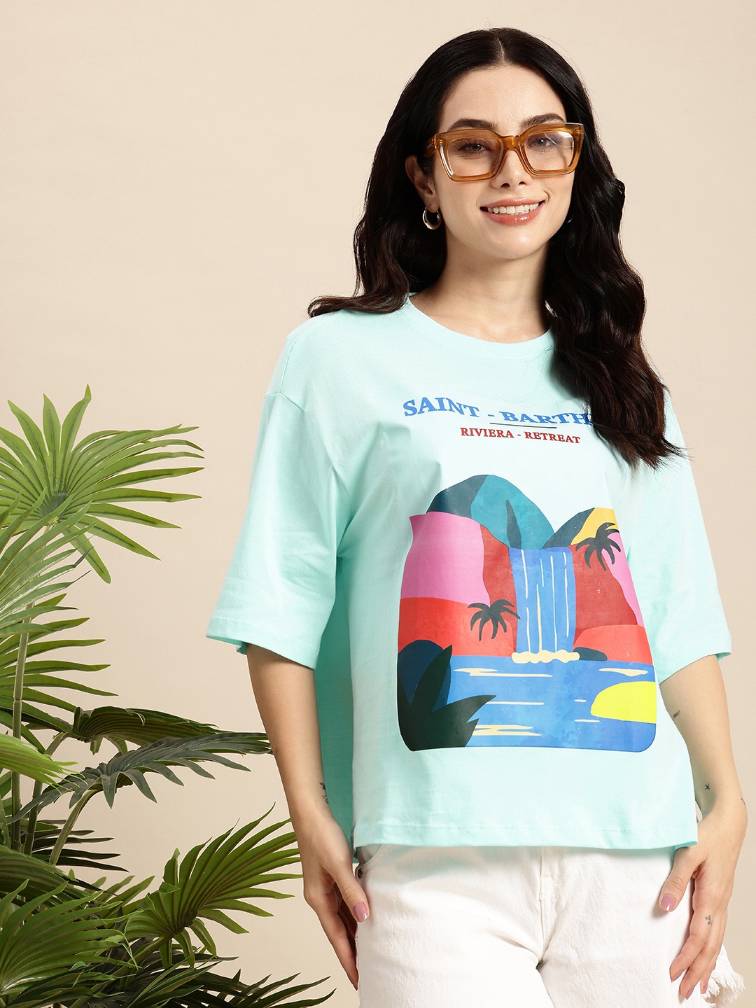 

Mast & Harbour Graphic Printed Drop-Shoulder Sleeves Pure Cotton Relaxed Fit T-shirt, Blue