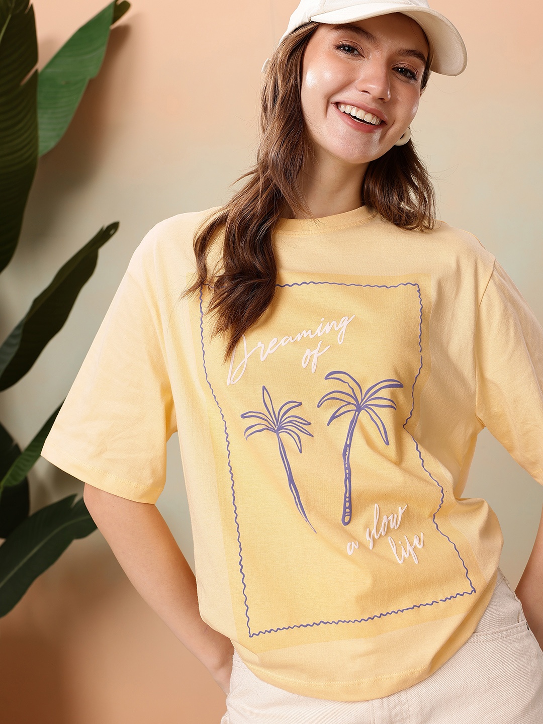 

Mast & Harbour Oversized Fit Typography Printed Pure Cotton T-shirt, Yellow