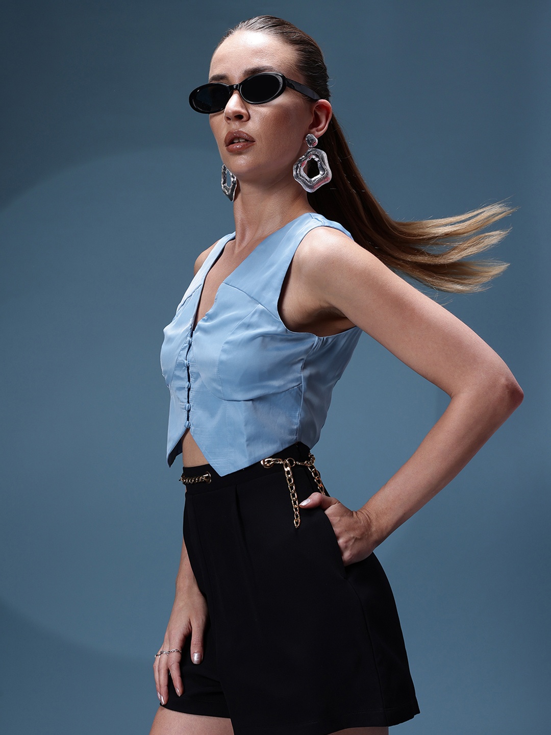 

bebe Brighter Basics Waist Coat Style Crop Top, Blue