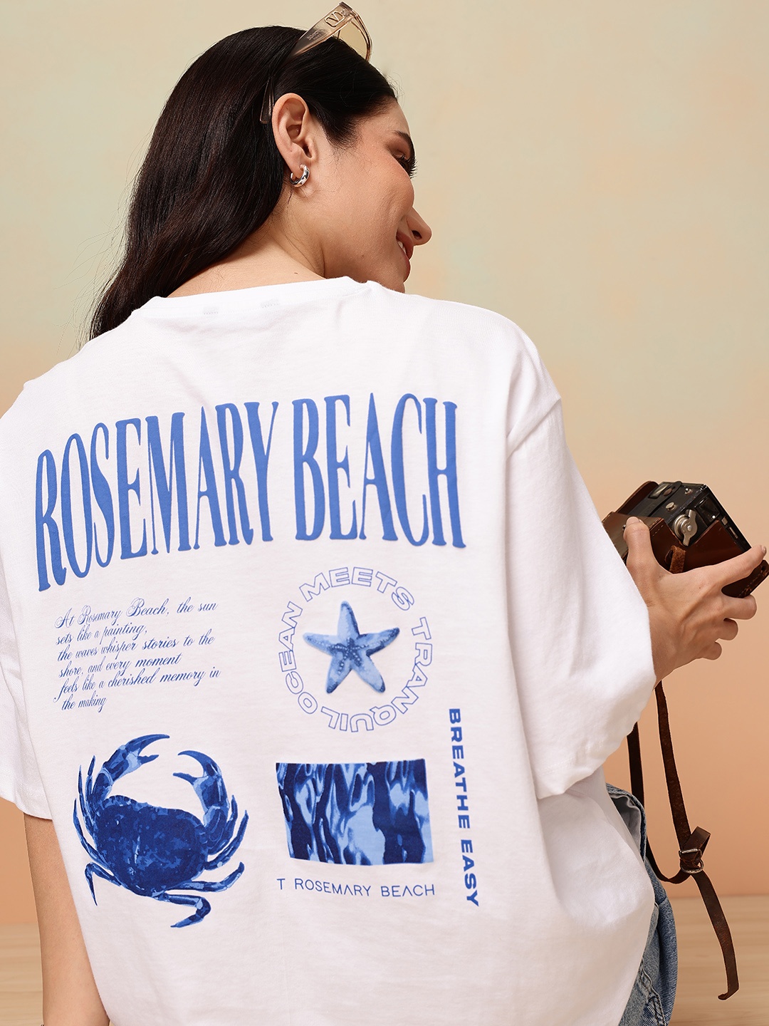 

Mast & Harbour Graphic Printed Drop-Shoulder Sleeves Pure Cotton T-shirt, White