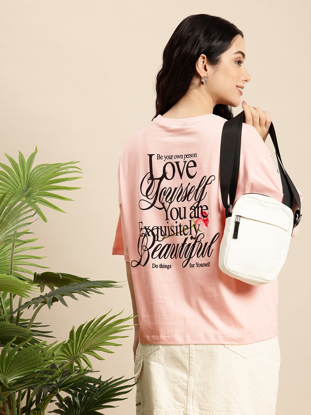 

Mast & Harbour Pure Cotton Typography Printed Drop-Shoulder Sleeves Relaxed Fit T-shirt, Peach