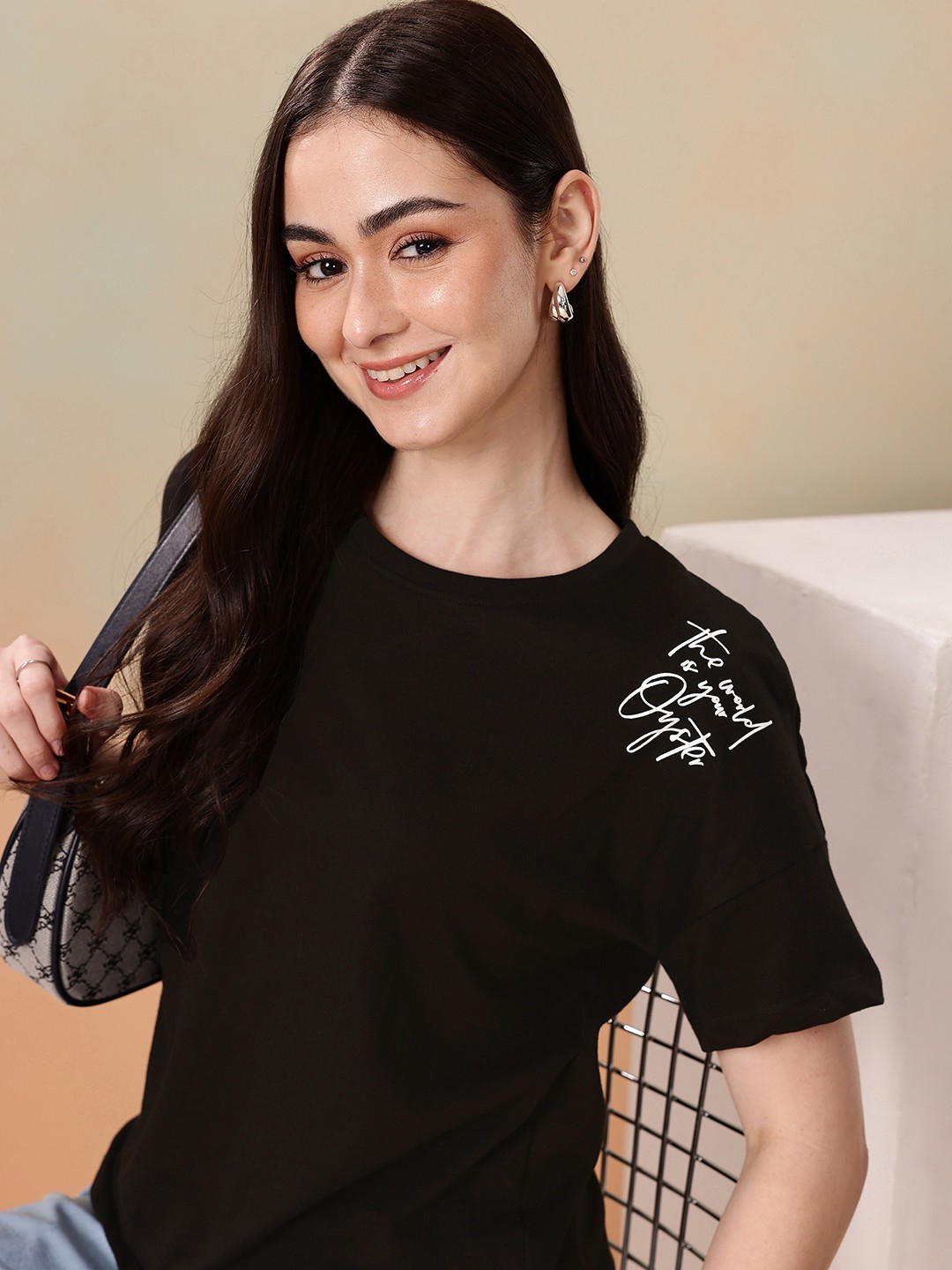 

Mast & Harbour Drop-Shoulder Sleeves Pure Cotton T-shirt, Black