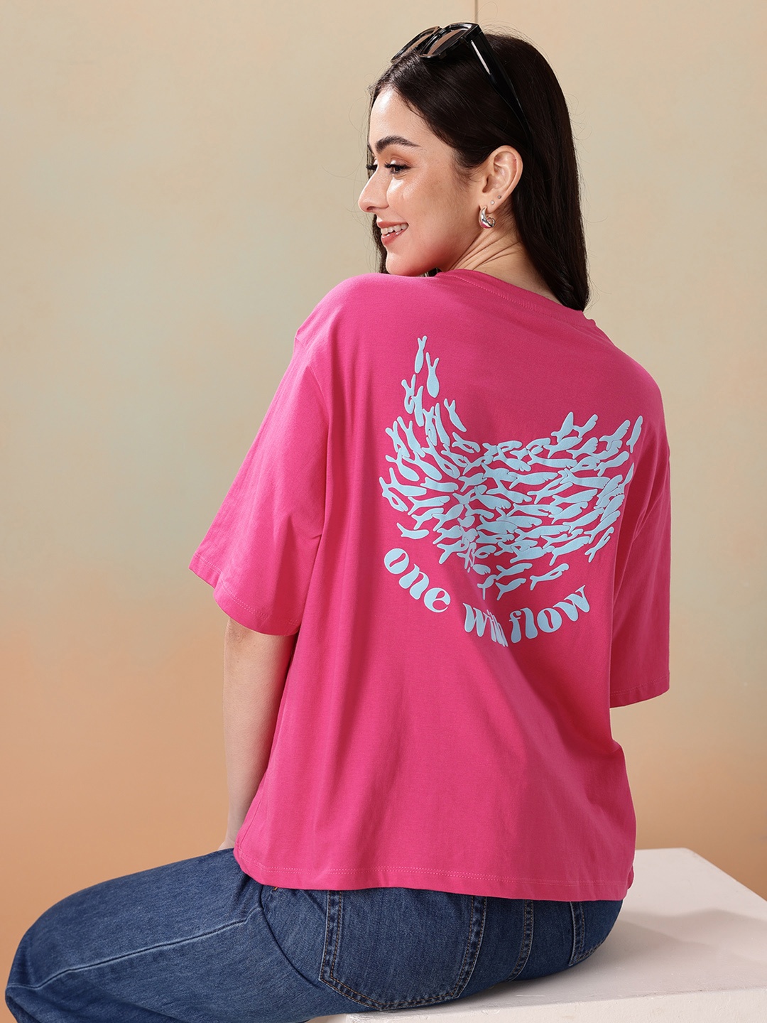 

Mast & Harbour Printed Drop-Shoulder Sleeves Oversized Pure Cotton T-shirt, Pink