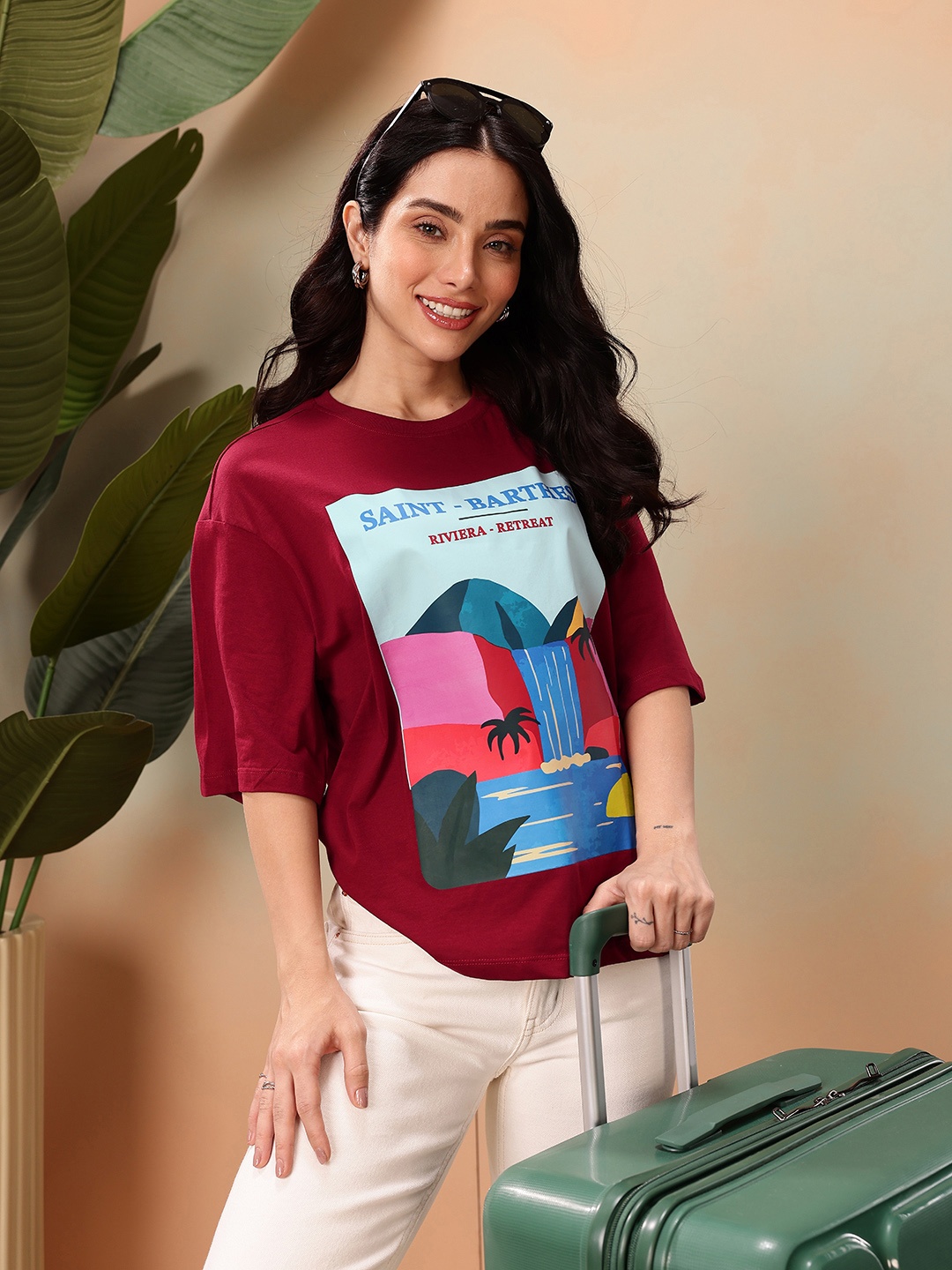 

Mast & Harbour Graphic Printed Drop-Shoulder Sleeves Pure Cotton Relaxed Fit T-shirt, Maroon