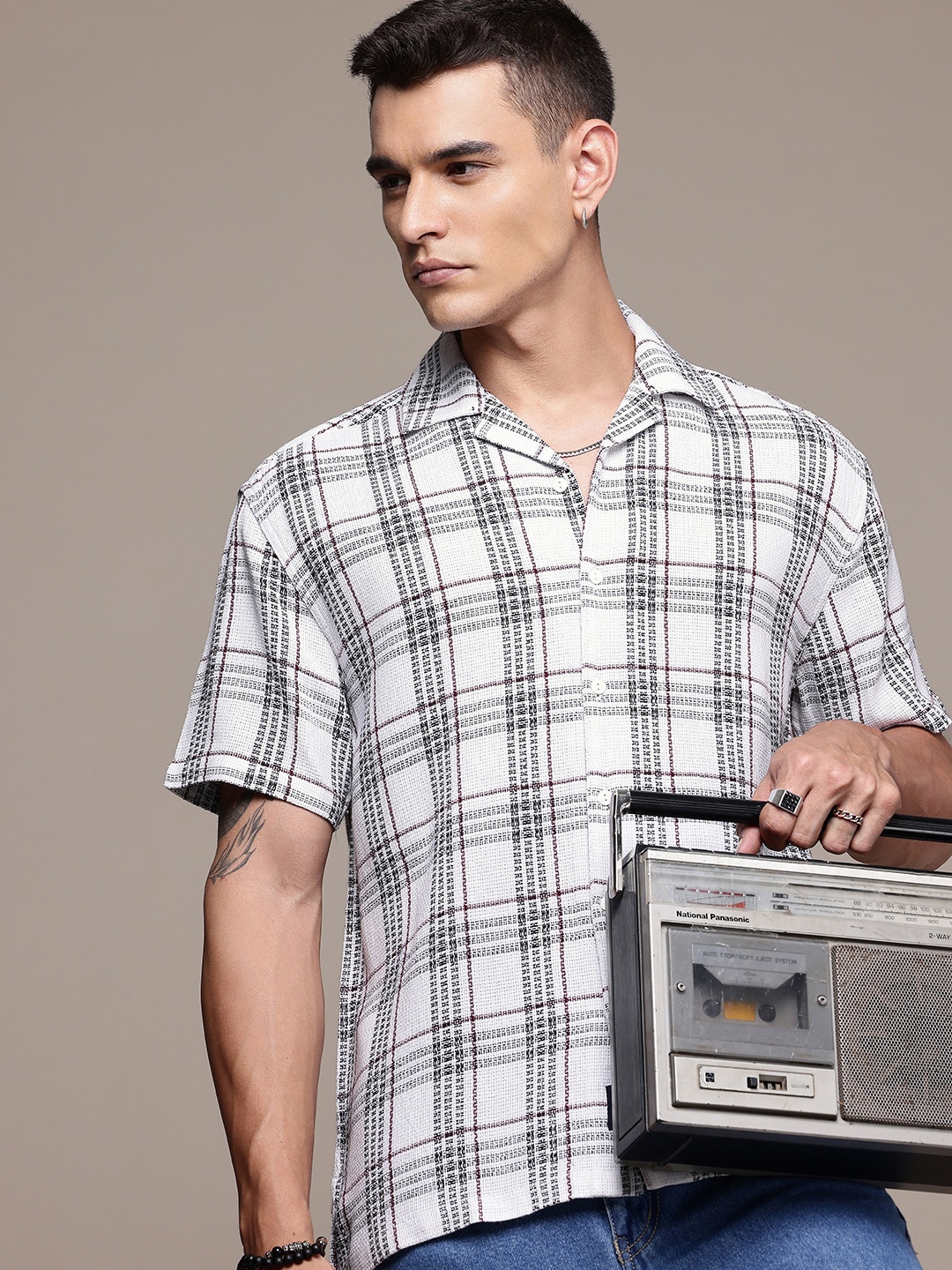 

The Roadster Life Co. Self Checked Cuban Collar Relaxed Fit Casual Shirt, White