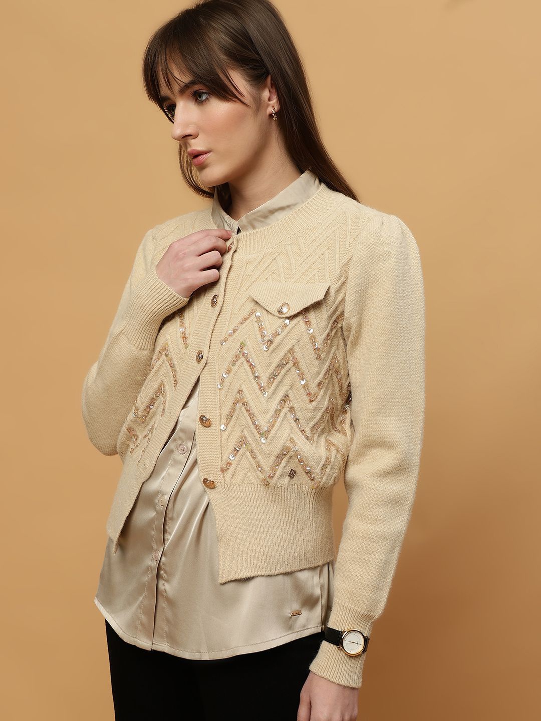 

Beatnik Women Self Design Roudn Neck Cardigan Sweaters, Beige