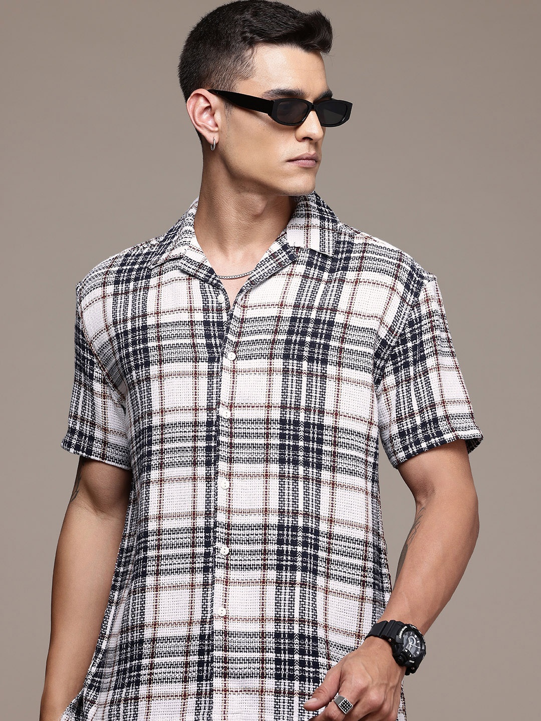 

The Roadster Life Co. Self Checked Cuban Collar Relaxed Fit Casual Shirt, Black
