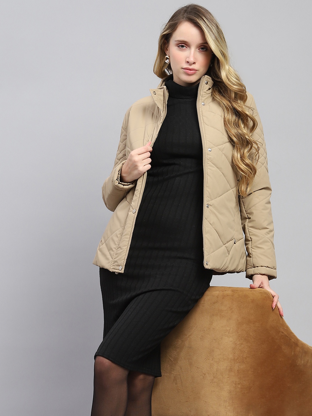 

Monte Carlo Stand Collar Quilted Jacket, Beige