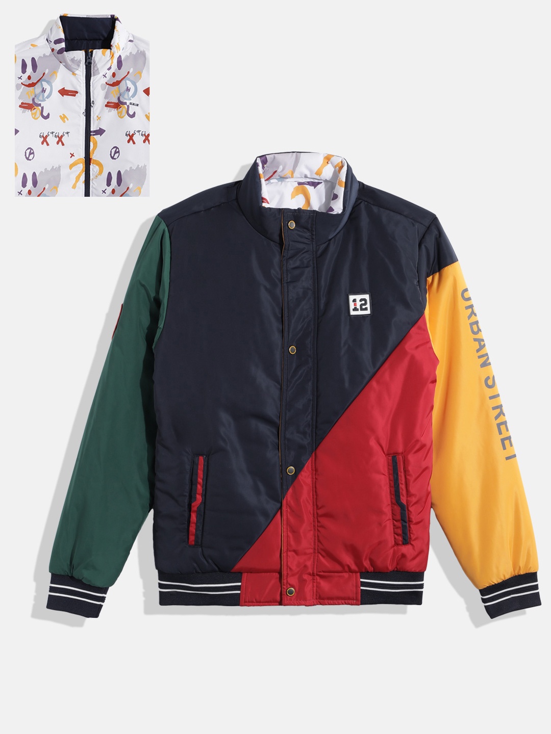 

Monte Carlo Boys Colourblocked & Printed Reversible Bomber Jacket, Navy blue