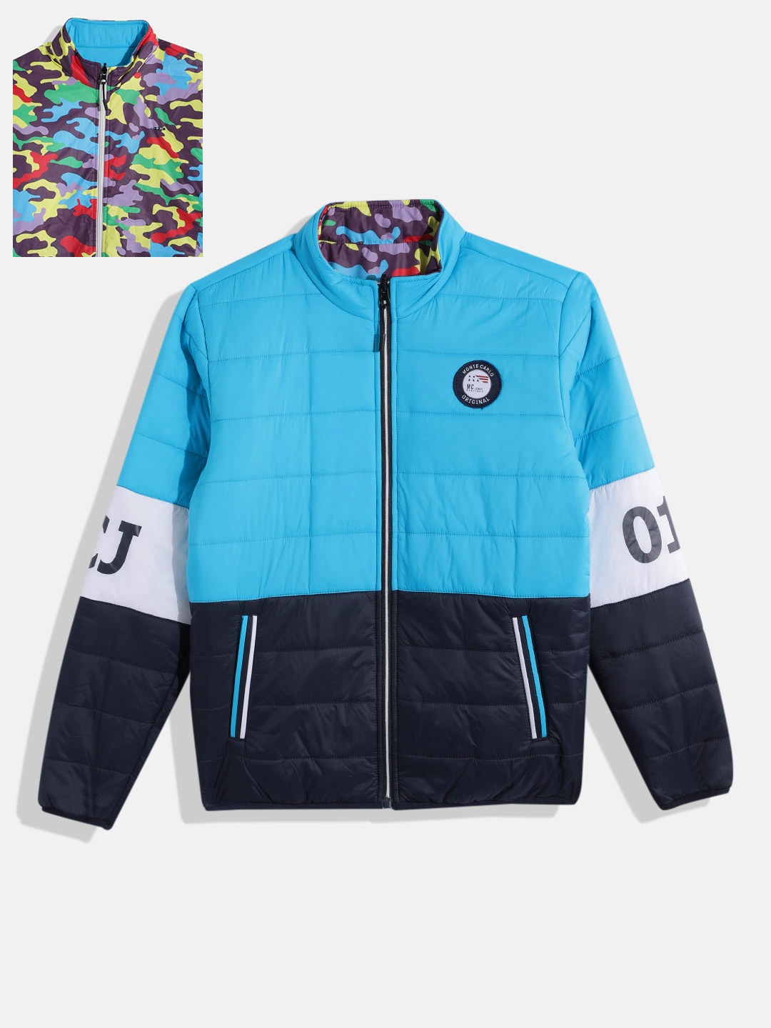 

Monte Carlo Boys Camouflage Print & Colourblocked Reversible Padded Jacket, Blue