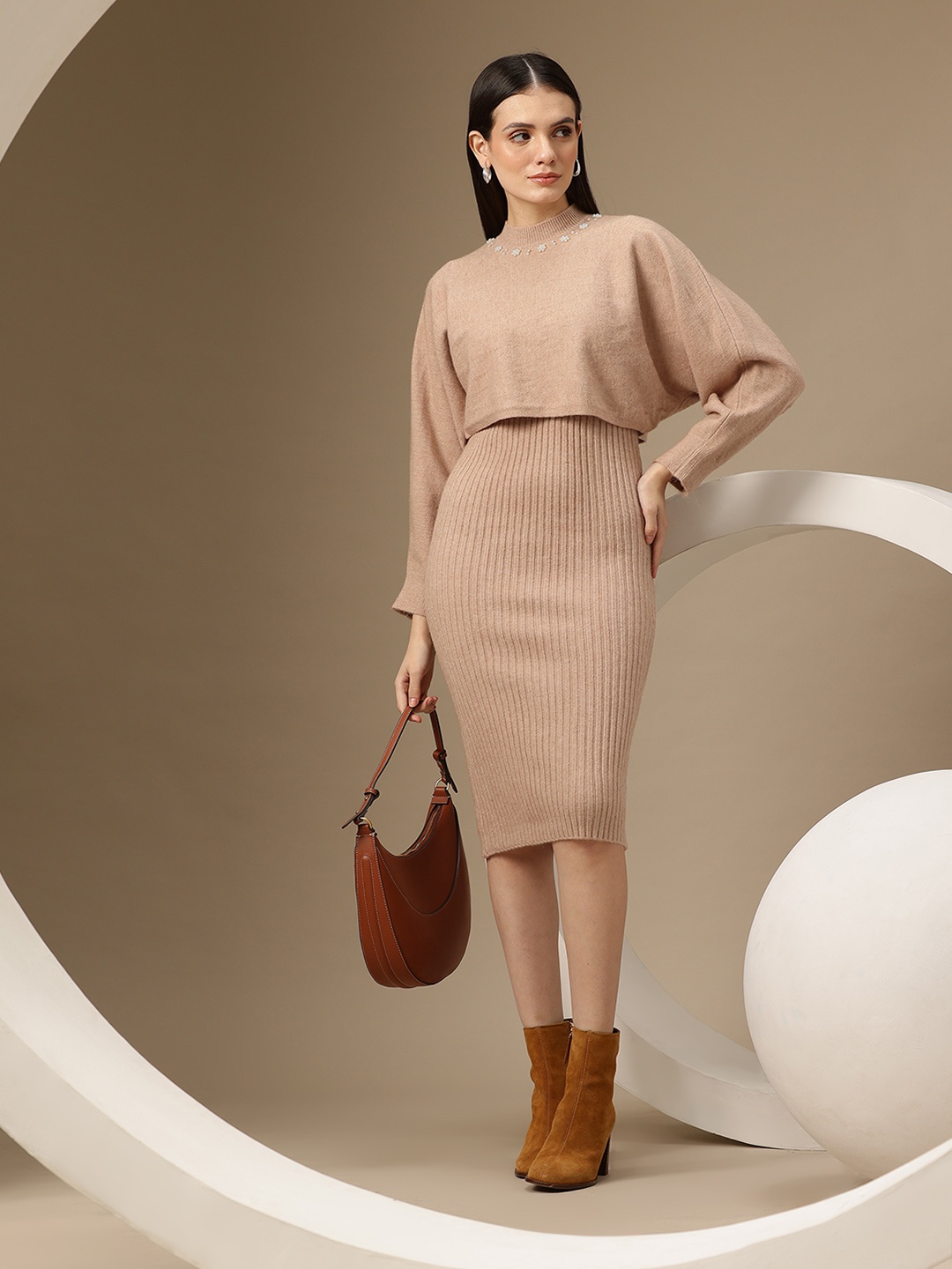 

Chemistry Woollen Bodycon Dress With Top, Beige