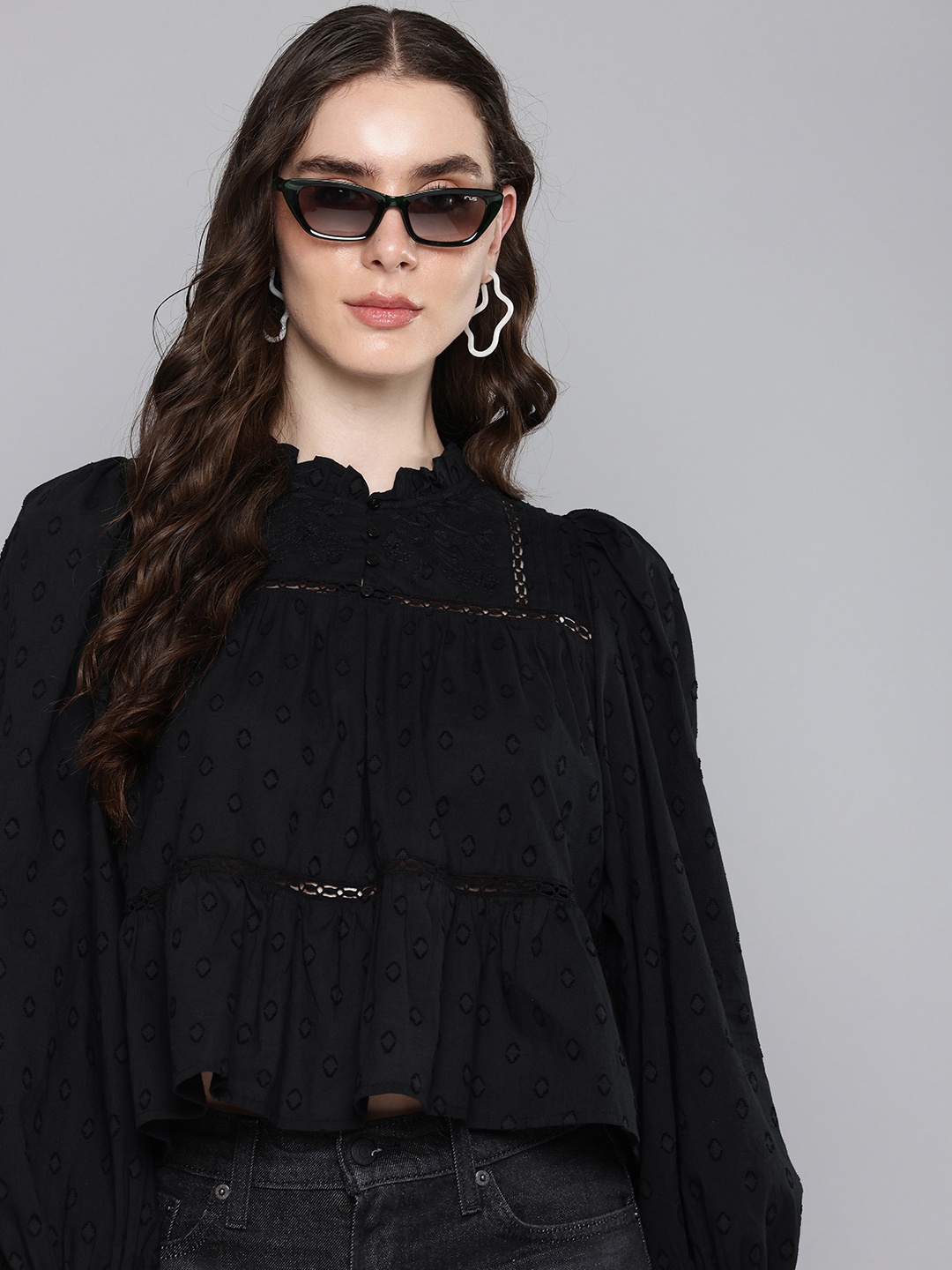 

Levis Embroidered Puff Sleeve Pure Cotton Top, Black