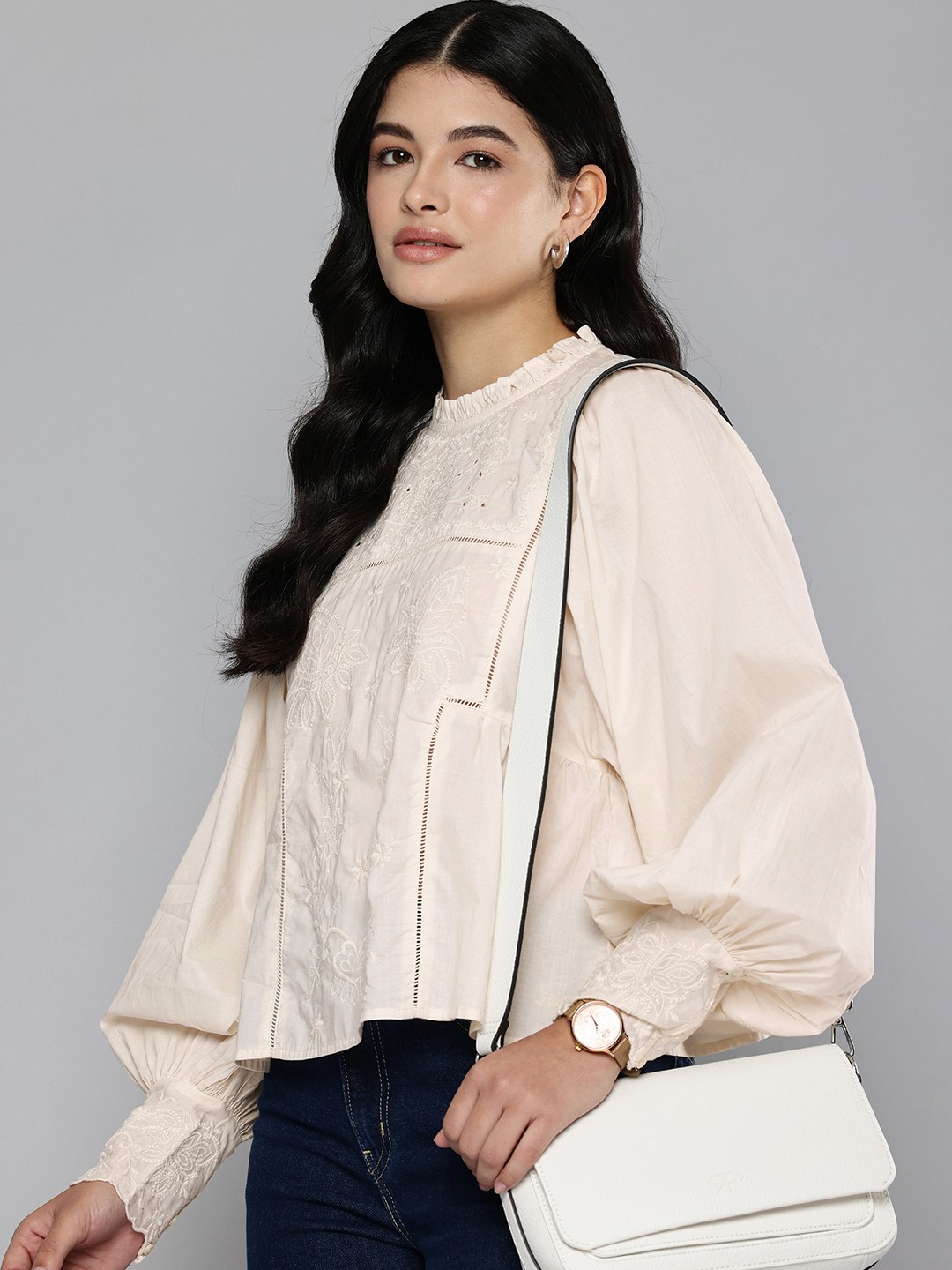 

Levis Embroidered Mandarin Collar Puff Sleeve Pure Cotton Top, Off white