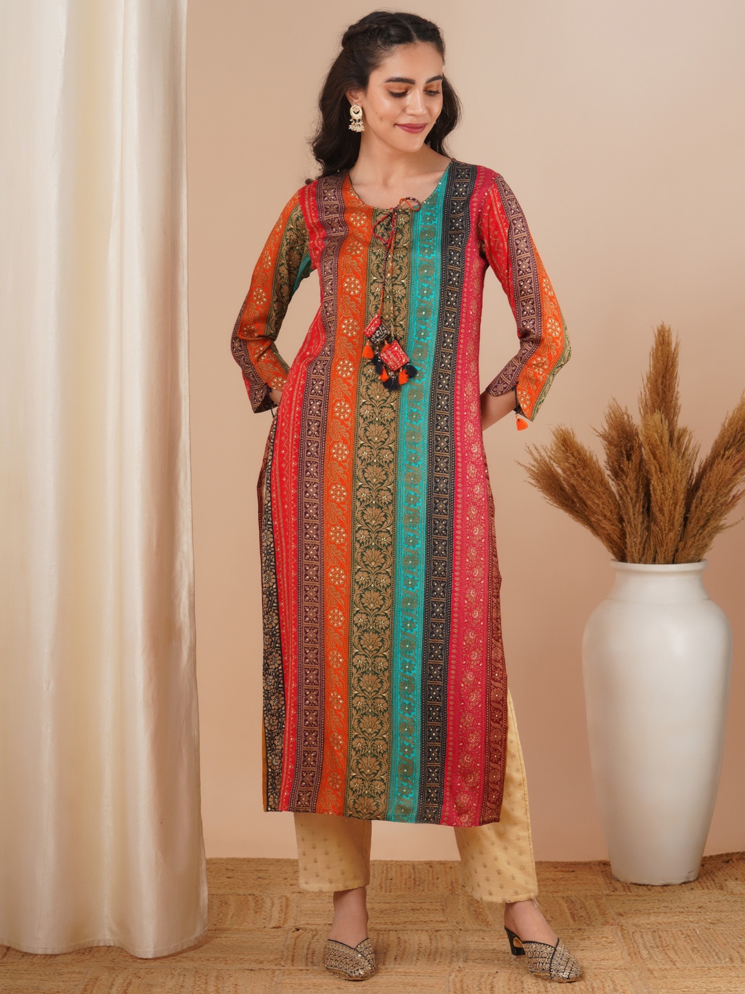 

FASHOR Ethnic Motifs Striped Round Neck Three Quarter Sleeves Straight Kurta, Blue
