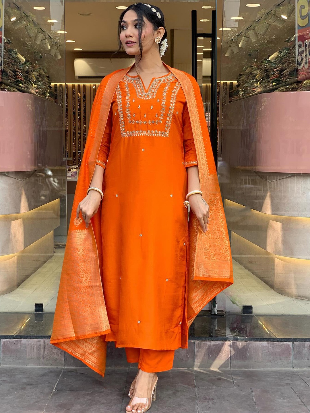 

Anni Designer Floral Embroidered Thread Work Straight Kurta With Trousers & Dupatta, Orange