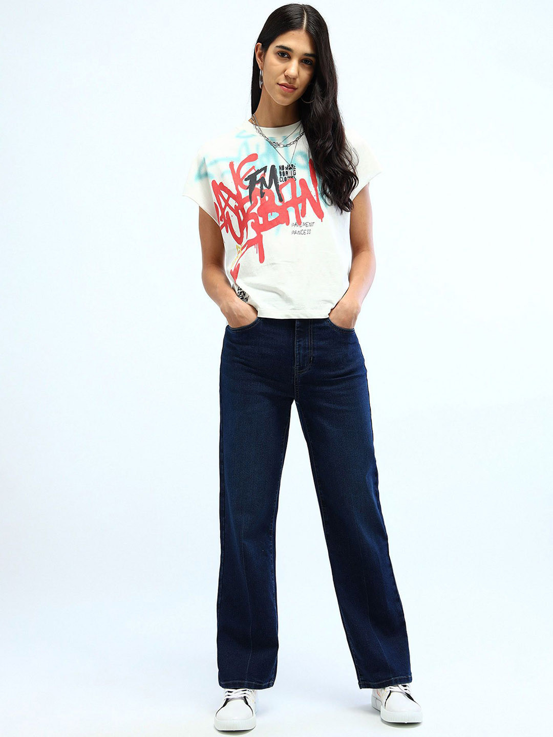 

Flying Machine Women Cotton Straight Fit High-Rise Light Fade Stretchable Jeans, Blue