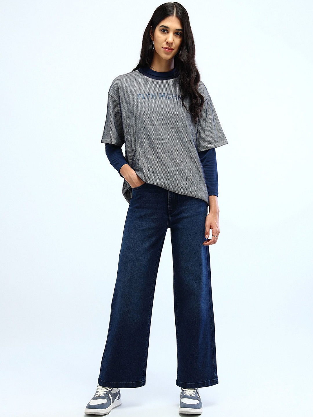 

Flying Machine Women Wide Leg High-Rise Light Fade Stretchable Jeans, Blue