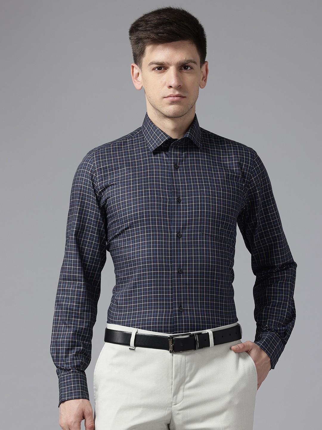 

Blackberrys India Slim Fit Checked Pure Cotton Shirt, Navy blue