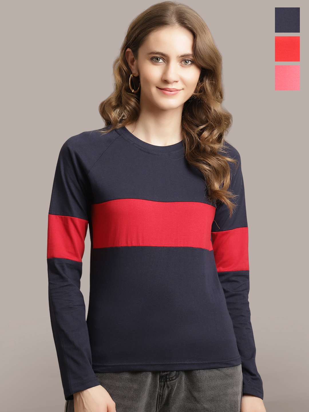 

Metronaut Women Pack Of 3 Printed Round Neck Cotton T-shirts, Navy blue