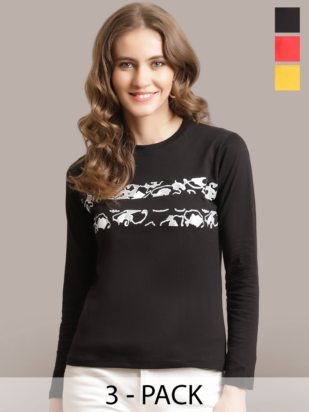 

Metronaut Women Pack Of 3 Printed Round Neck Cotton T-shirts, Black