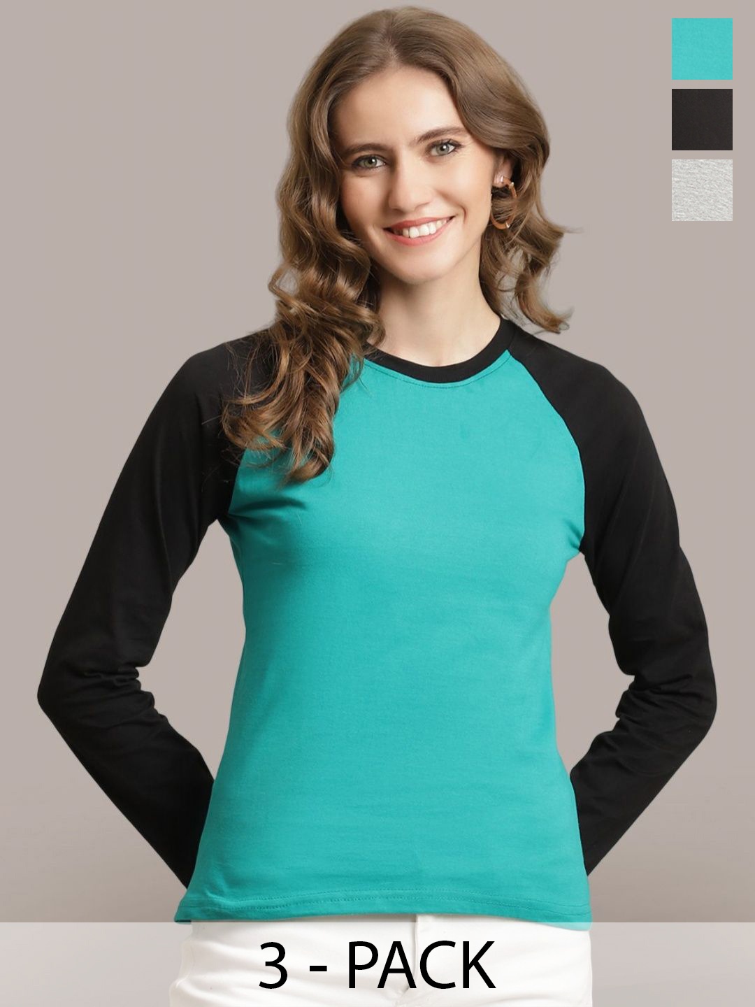 

Metronaut Women Pack Of 3 Colourblocked Round Neck Cotton T-shirts, Turquoise blue