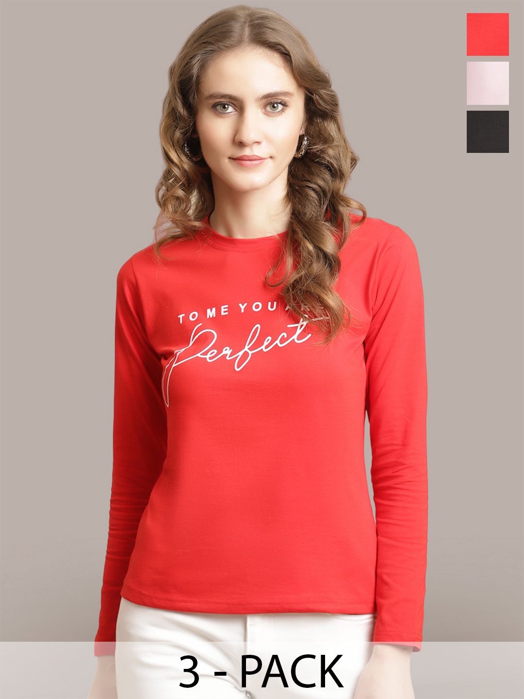 Metronaut Women Pack Of 3 Typography Printed Round Neck Cotton T-shirts, Red